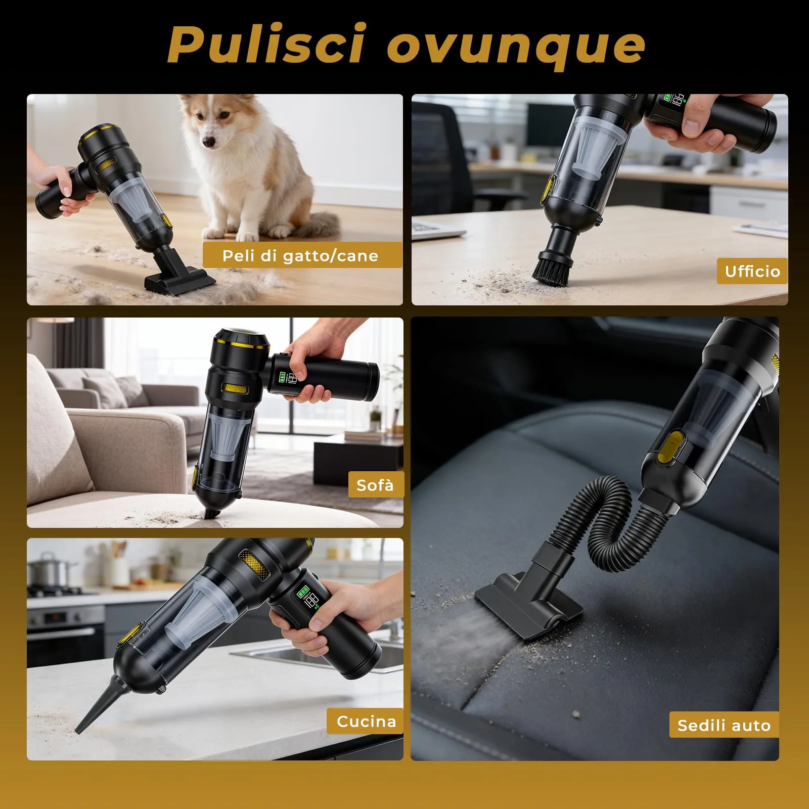 HOVIN Aspirabriciole Senza Fili 24000Pa, Aspirapolvere Auto Portatile con Motore Brushless, Aspiratore e Soffiatore (Nero e Oro) - immagine 4