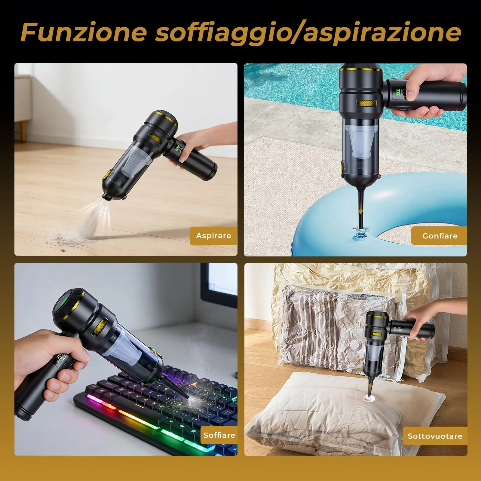 HOVIN Aspirabriciole Senza Fili 24000Pa, Aspirapolvere Auto Portatile con Motore Brushless, Aspiratore e Soffiatore (Nero e Oro) - immagine 5