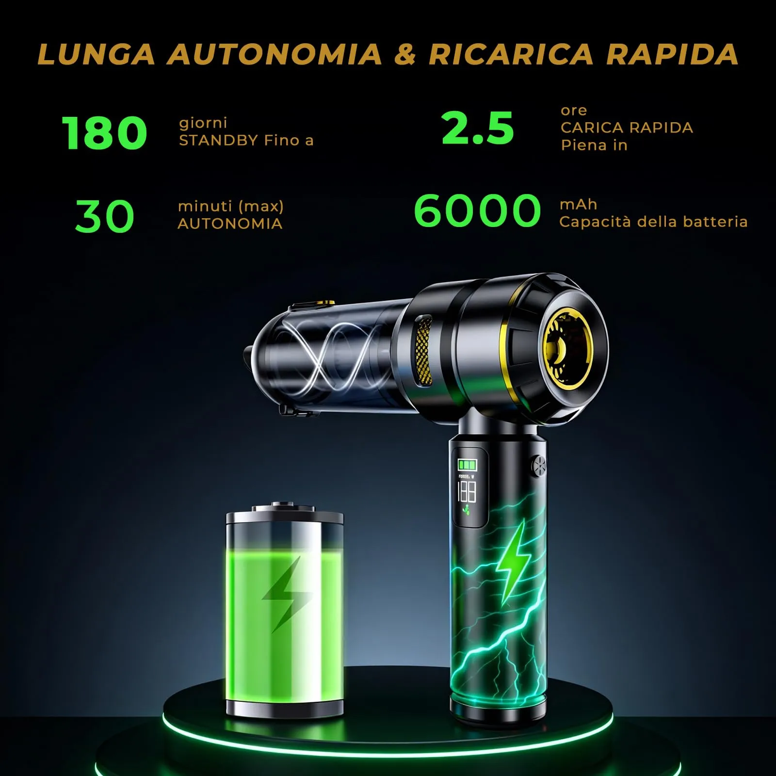 HOVIN Aspirabriciole Senza Fili 24000Pa, Aspirapolvere Auto Portatile con Motore Brushless, Aspiratore e Soffiatore (Nero e Oro) - immagine 6