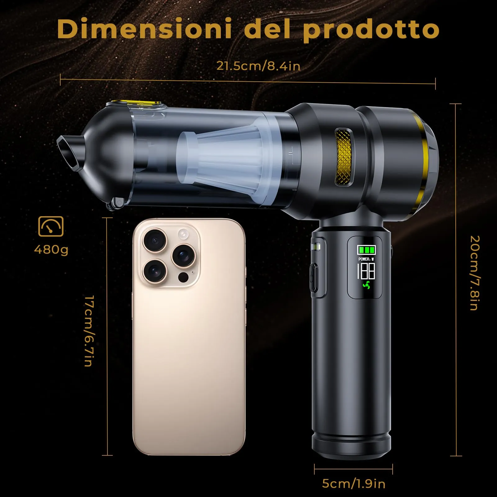 HOVIN Aspirabriciole Senza Fili 24000Pa, Aspirapolvere Auto Portatile con Motore Brushless, Aspiratore e Soffiatore (Nero e Oro) - immagine 7