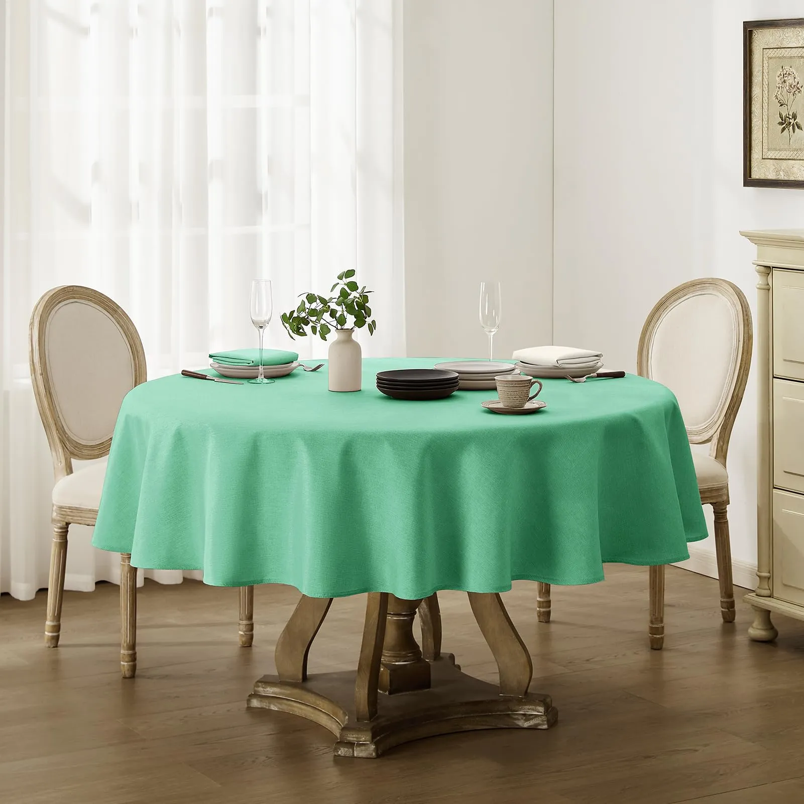 Softalker Tovaglia Rotonda Verde Bosco in Finto Lino, Antimacchia e Idrorepellente, 120 cm di Diametro - immagine 5