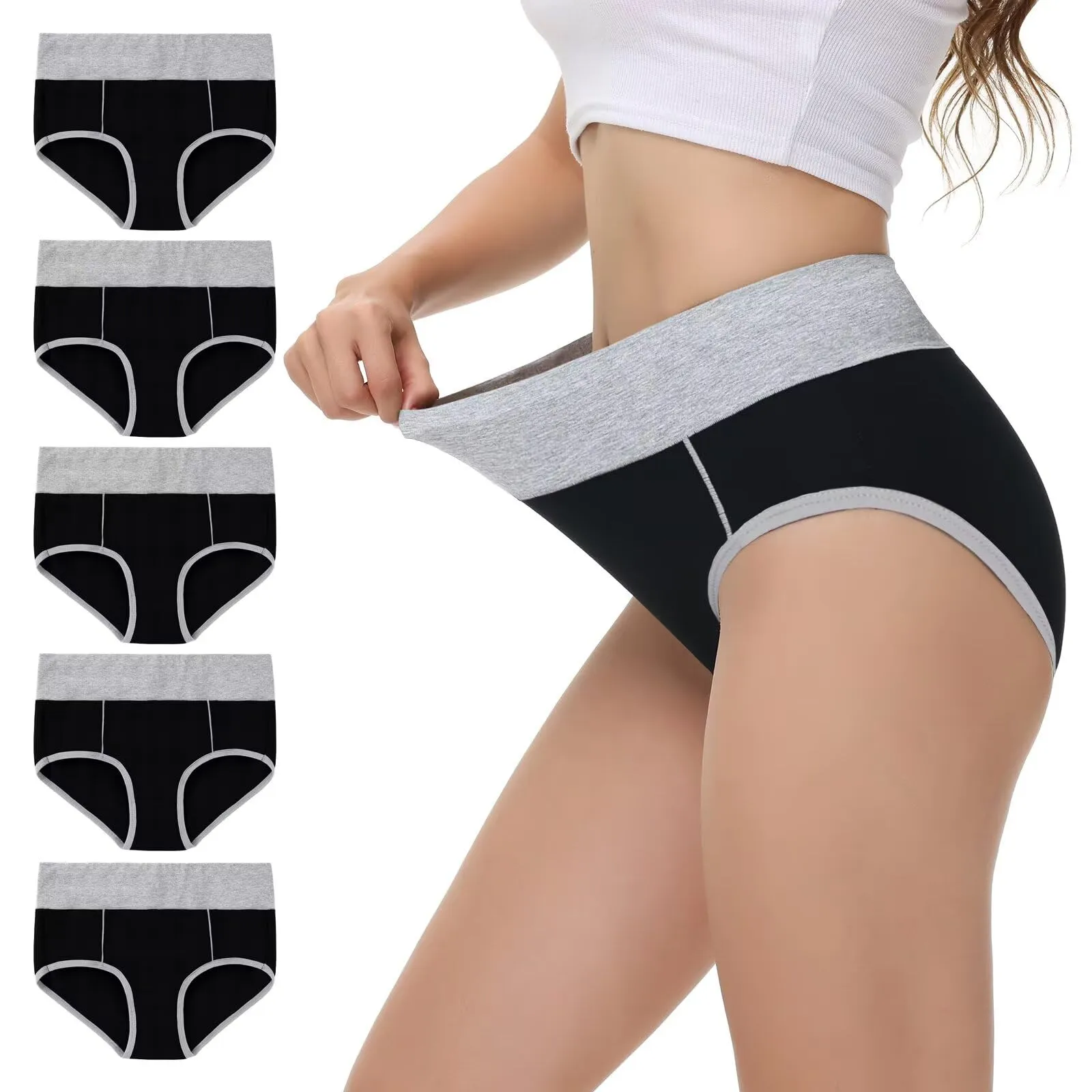 NUOZA Mutande Donna in Cotone Vita Alta, Pacco da 5, Nero, L - immagine 1