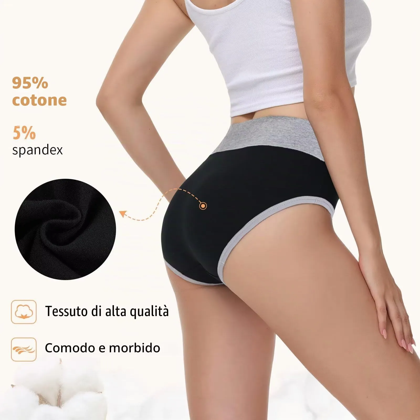 NUOZA Mutande Donna in Cotone Vita Alta, Pacco da 5, Nero, L - immagine 2