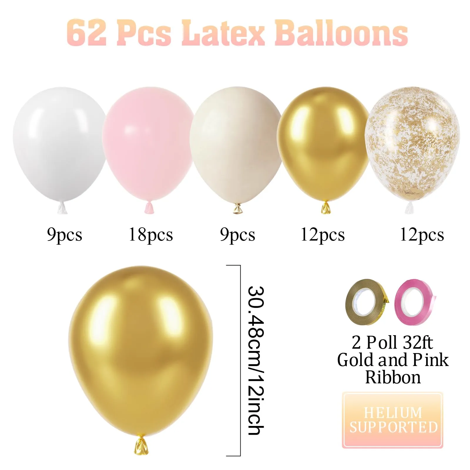 Fairymaiden Palloncini Rosa, Bianchi, Beige e Dorati, 60 Pezzi, 12 Pollici - immagine 2
