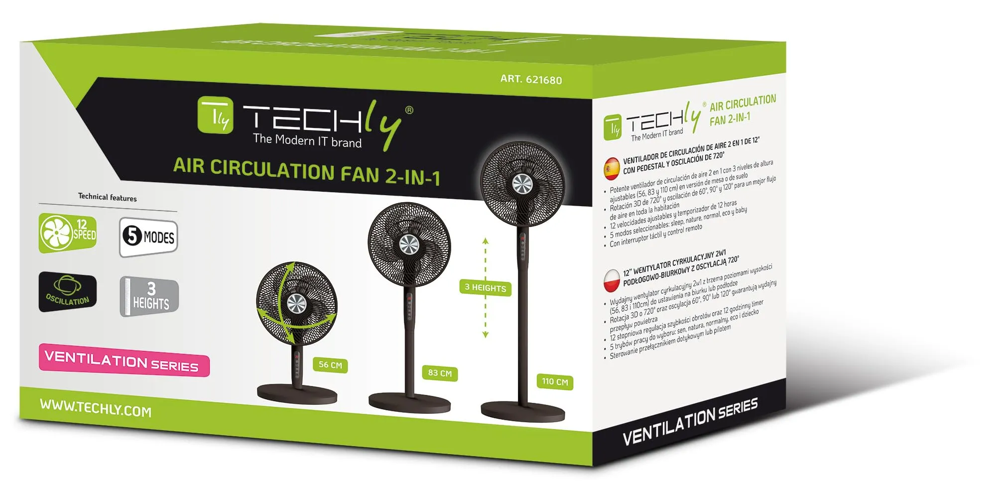 Techly 621680 Ventilatore 2 in 1 12", Piantana a 3 Altezze, 12 Velocità, Telecomando, Oscillazione 720°, Timer, Nero - immagine 2