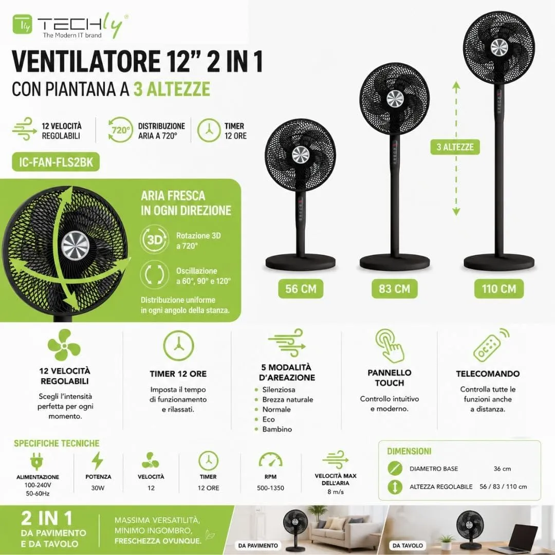 Techly 621680 Ventilatore 2 in 1 12", Piantana a 3 Altezze, 12 Velocità, Telecomando, Oscillazione 720°, Timer, Nero - immagine 3