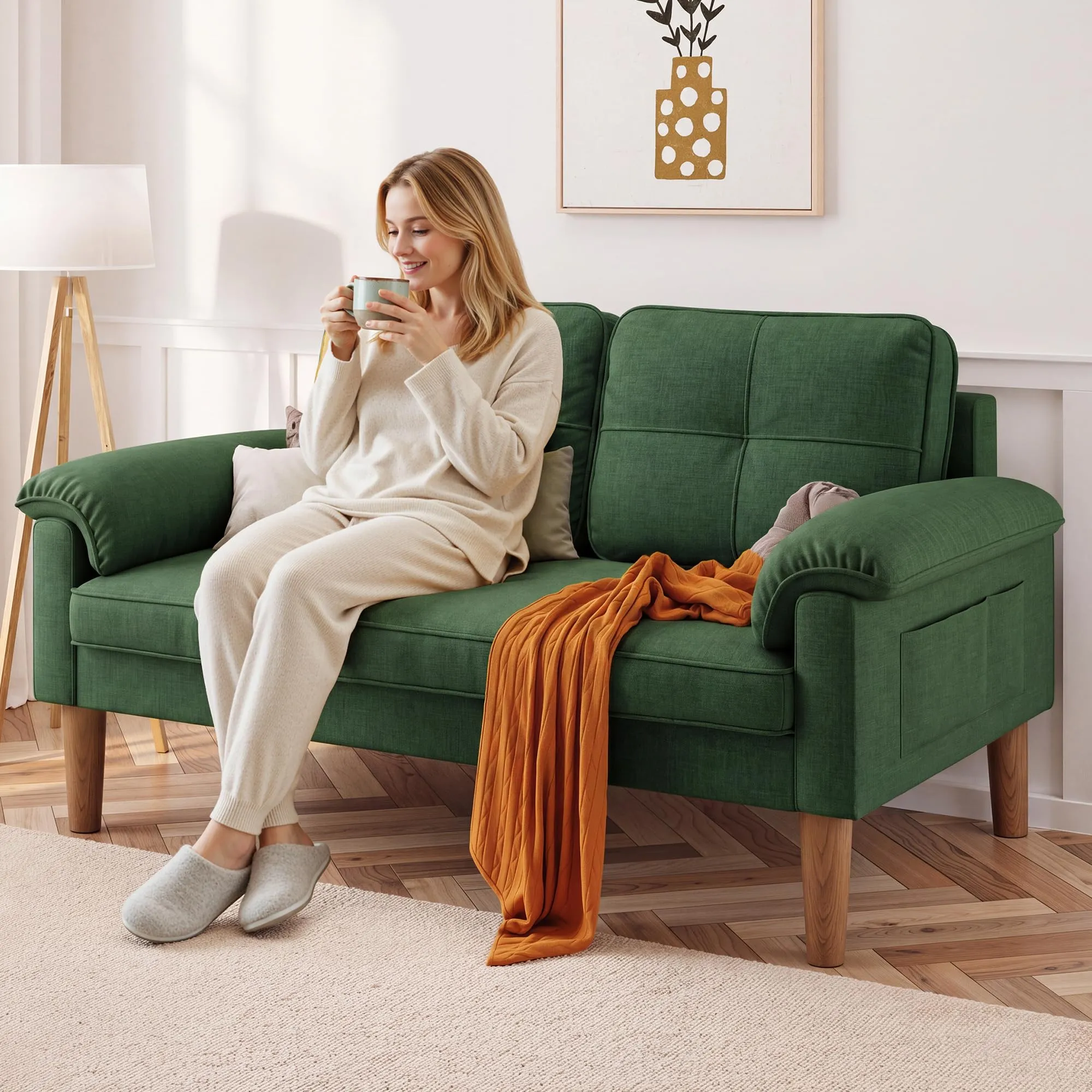 Xbro Divano a 2 Posti con Braccioli e Tasche Laterali, Tessuto, 145 x 77 x 77 cm, Verde - immagine 5