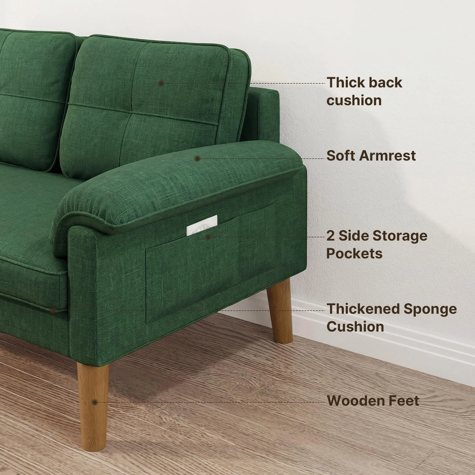 Xbro Divano a 2 Posti con Braccioli e Tasche Laterali, Tessuto, 145 x 77 x 77 cm, Verde - immagine 7