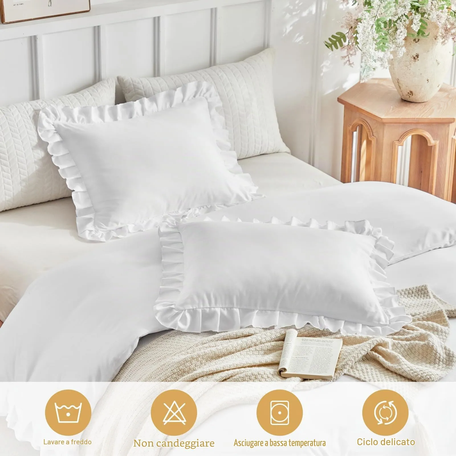 Tokokimo Set Copripiumino Matrimoniale 3 Pezzi in Microfibra con Volant, 240x220cm, Bianco - immagine 6