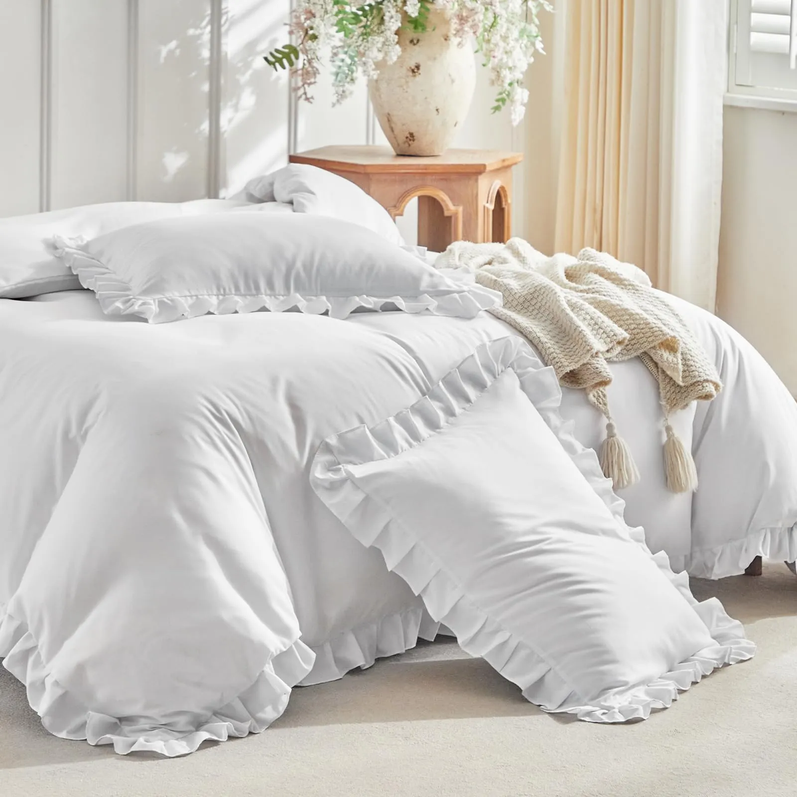 Tokokimo Set Copripiumino Matrimoniale 3 Pezzi in Microfibra con Volant, 240x220cm, Bianco - immagine 8