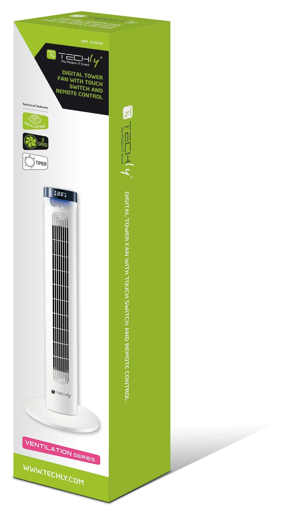 Techly 621659 Ventilatore a Torre da Pavimento 36", 3 Velocità, Telecomando, Oscillazione 75°, Timer, Bianco - immagine 2