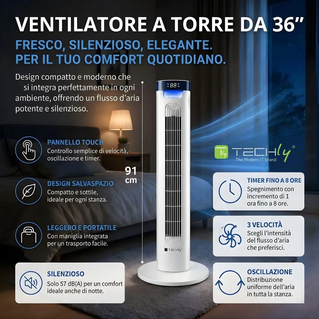 Techly 621659 Ventilatore a Torre da Pavimento 36", 3 Velocità, Telecomando, Oscillazione 75°, Timer, Bianco - immagine 4