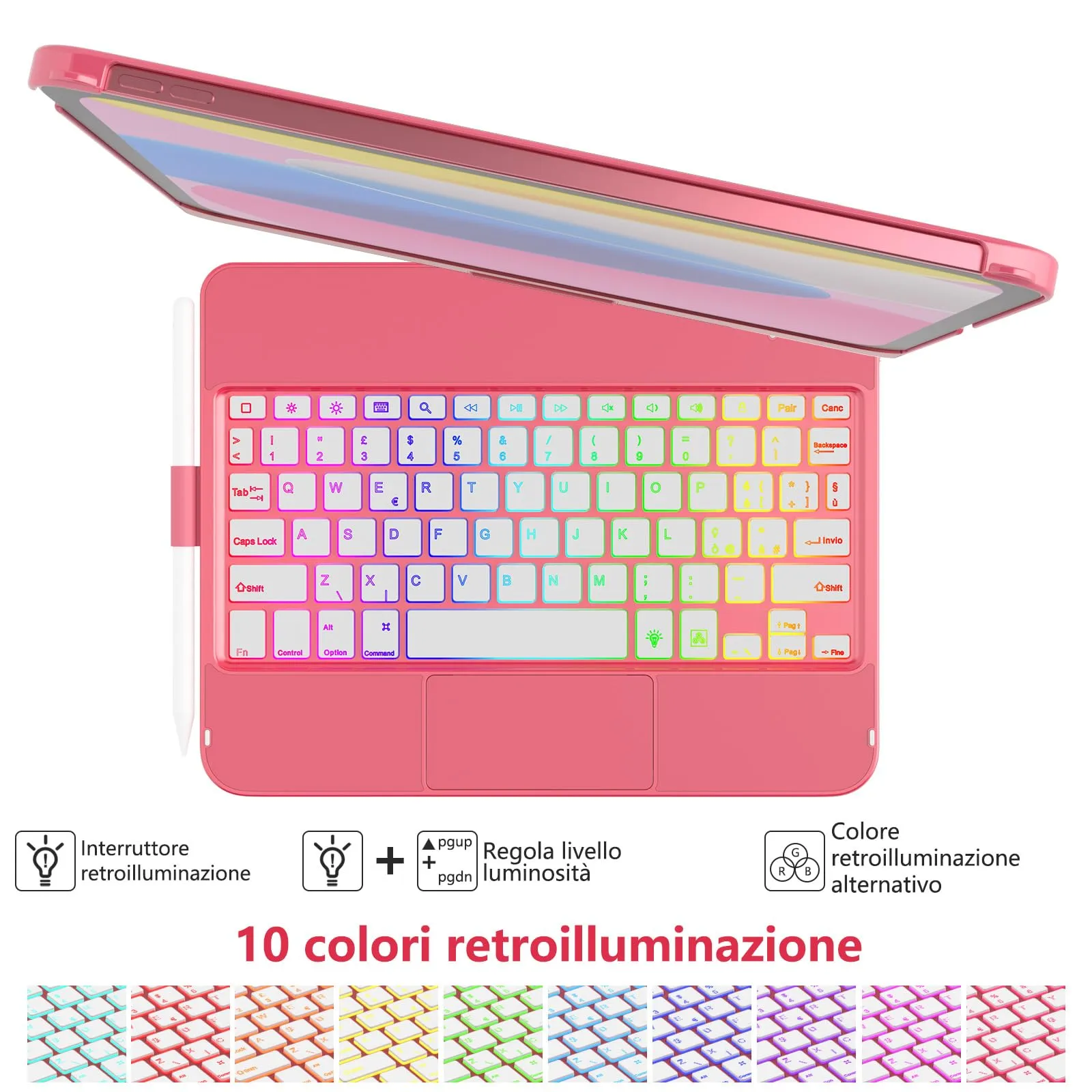 TQQ Tastiera per iPad 10ª/11ª Generazione (10.9"/11"), Trackpad di Precisione, Retroilluminazione RGB, Rosso Anguria - immagine 6