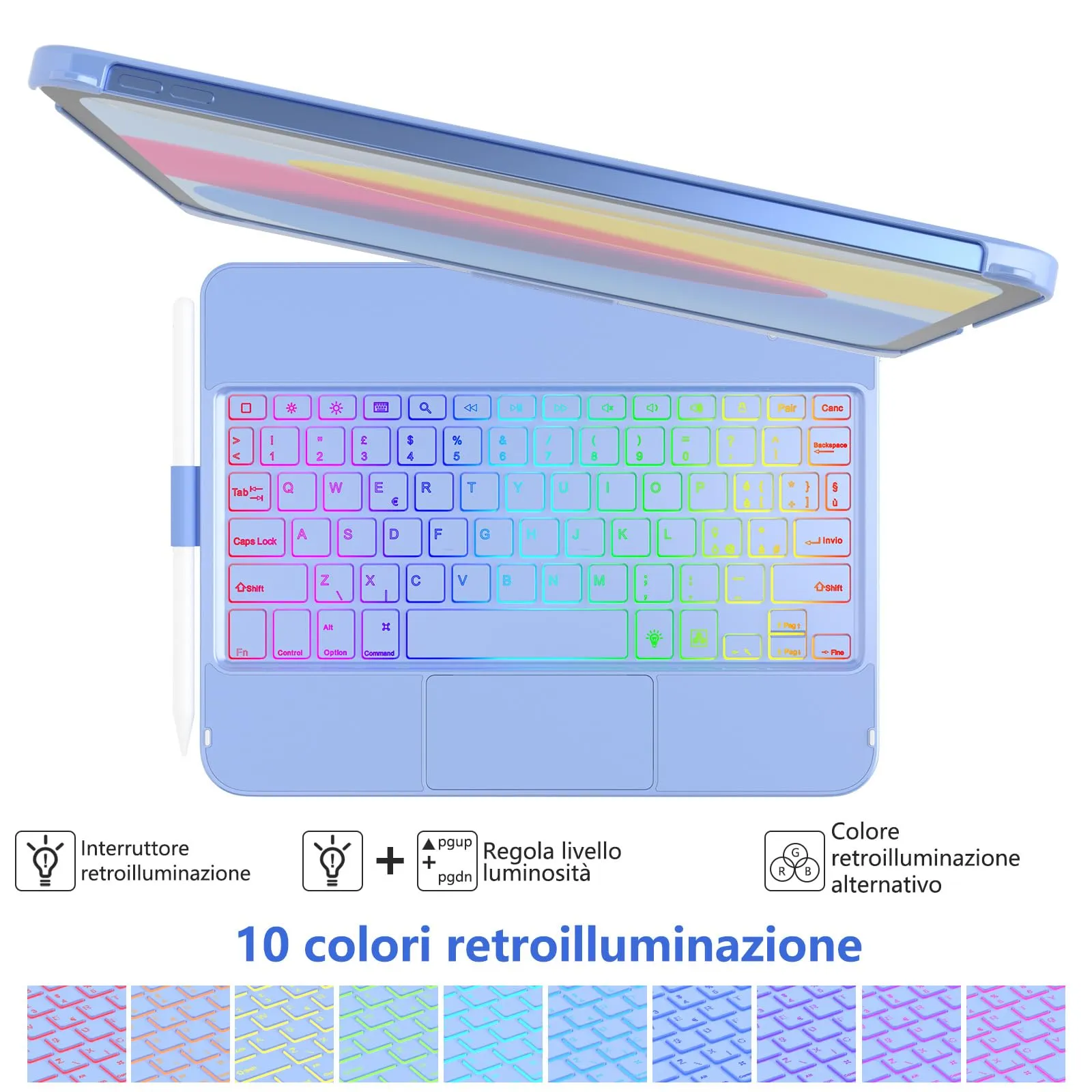 TQQ Tastiera per iPad 10ª/11ª Generazione (10.9/11 pollici), Trackpad di Precisione, Retroilluminazione RGB, Blu Oceano - immagine 6