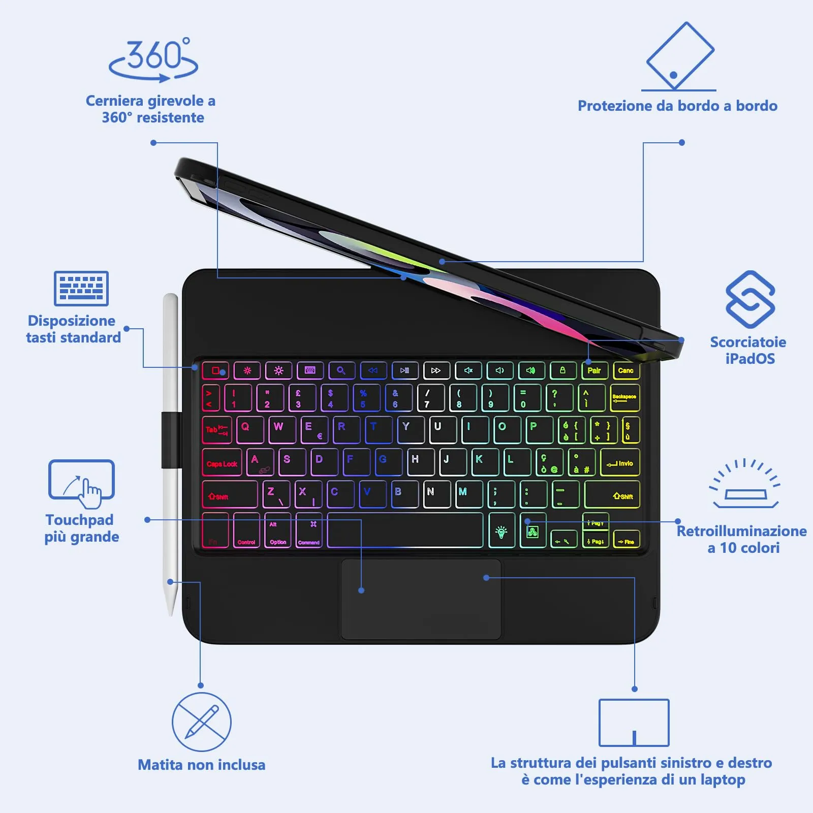 TQQ Tastiera per iPad 10ª/11ª Generazione (10.9"/11") con Trackpad di Precisione e Retroilluminazione RGB, Nero Profondo - immagine 4