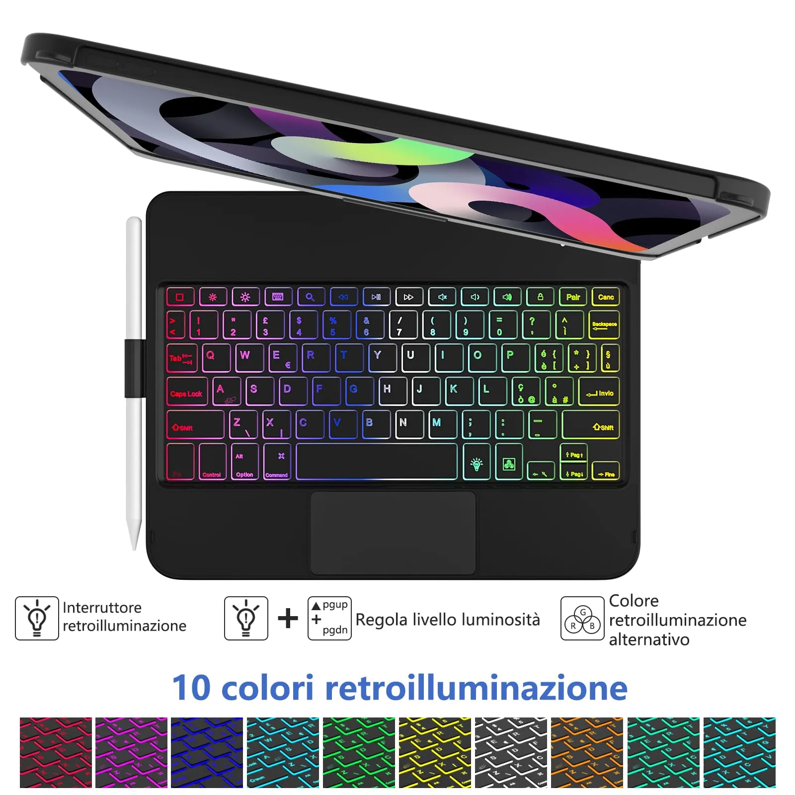TQQ Tastiera per iPad 10ª/11ª Generazione (10.9"/11") con Trackpad di Precisione e Retroilluminazione RGB, Nero Profondo - immagine 6