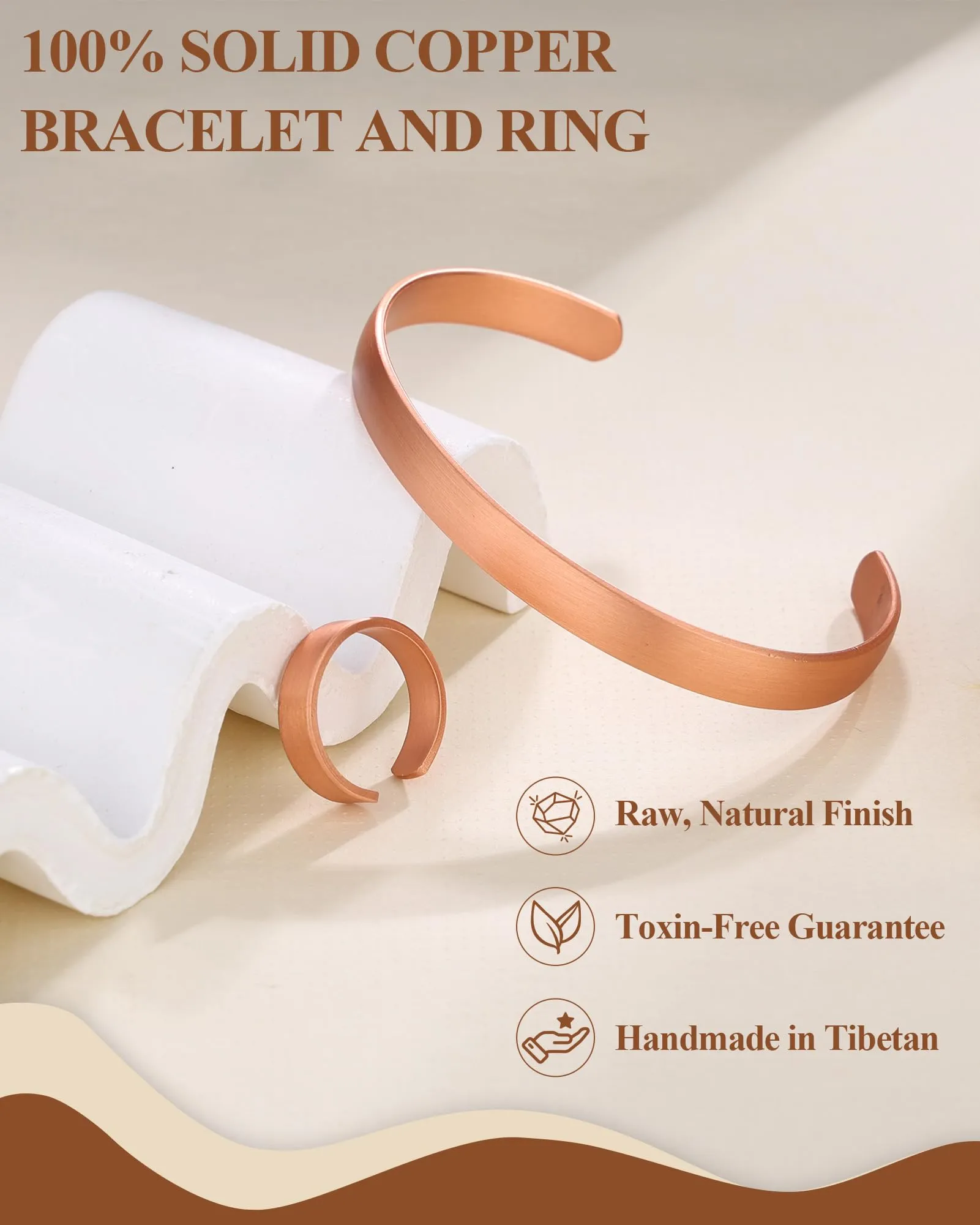 BioMag Set Bracciale e Anello in Rame Massiccio Tibetano Martellato, Medio - immagine 2