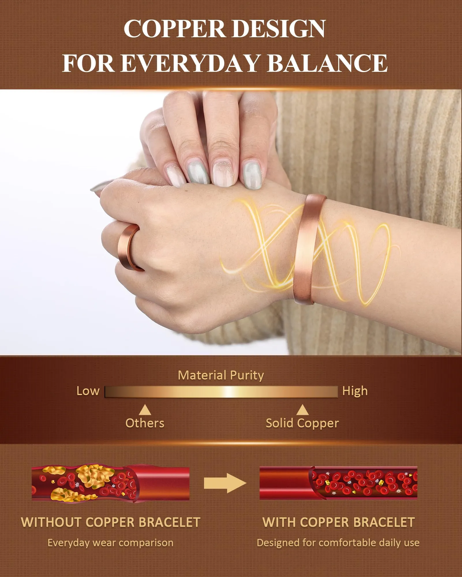 BioMag Set Bracciale e Anello in Rame Massiccio Tibetano Martellato, Medio - immagine 3