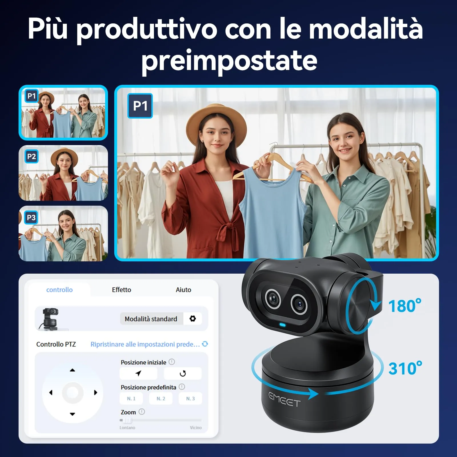 EMEET PIXY Doppia Webcam PTZ 4K con Treppiede, Tracking AI, PDAF, Sensore Sony 1/2,55", 3 Mic e Preimpostazioni - immagine 7