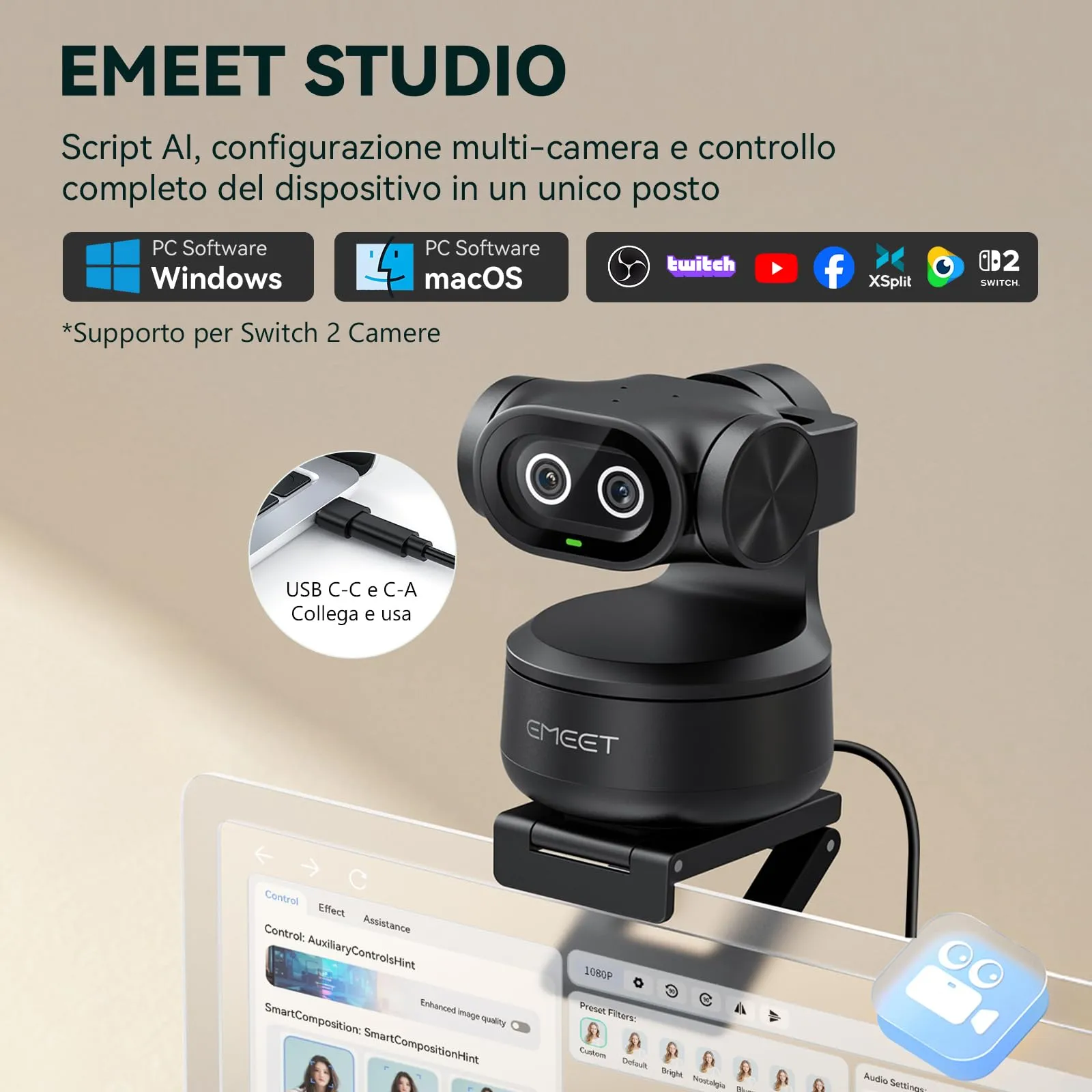 EMEET PIXY Doppia Webcam PTZ 4K con Treppiede, Tracking AI, PDAF, Sensore Sony 1/2,55", 3 Mic e Preimpostazioni - immagine 10