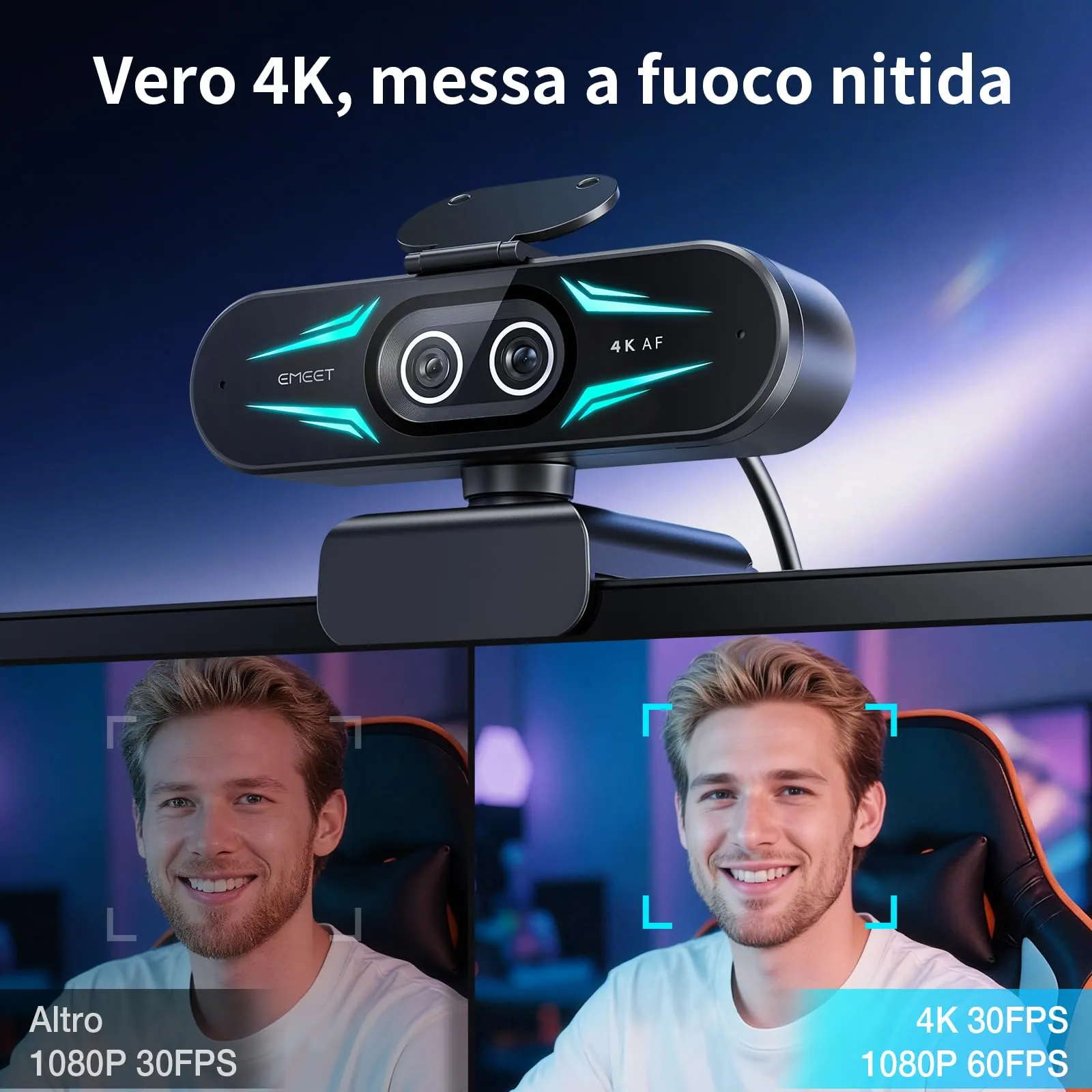 EMEET C60E Webcam 4K con Doppia Fotocamera, Zoom Ibrido 11X, Autofocus PDAF, Illuminazione RGB e Doppi Microfoni - immagine 2