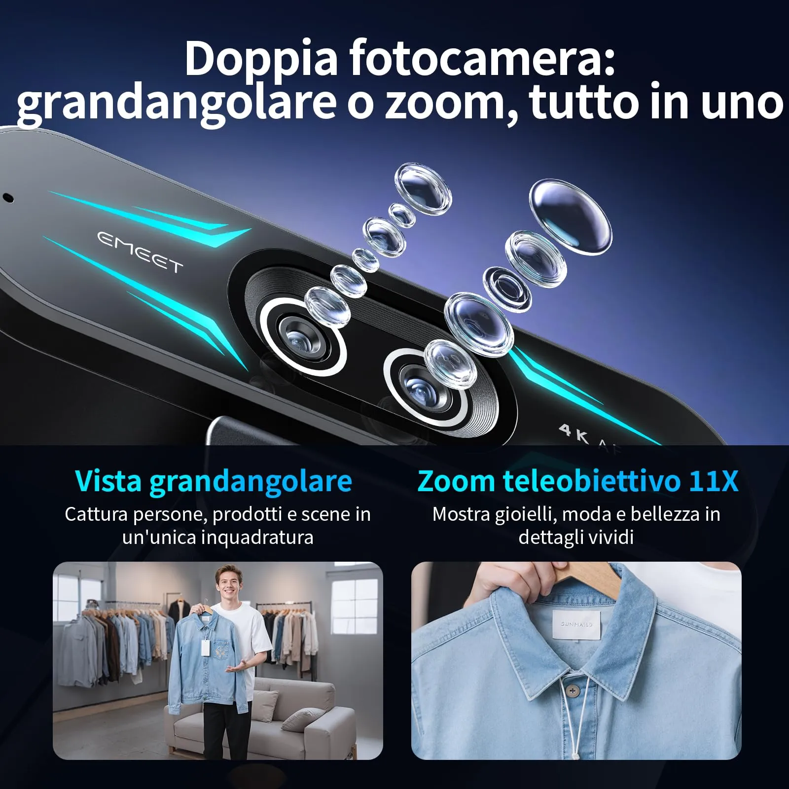 EMEET C60E Webcam 4K con Doppia Fotocamera, Zoom Ibrido 11X, Autofocus PDAF, Illuminazione RGB e Doppi Microfoni - immagine 3