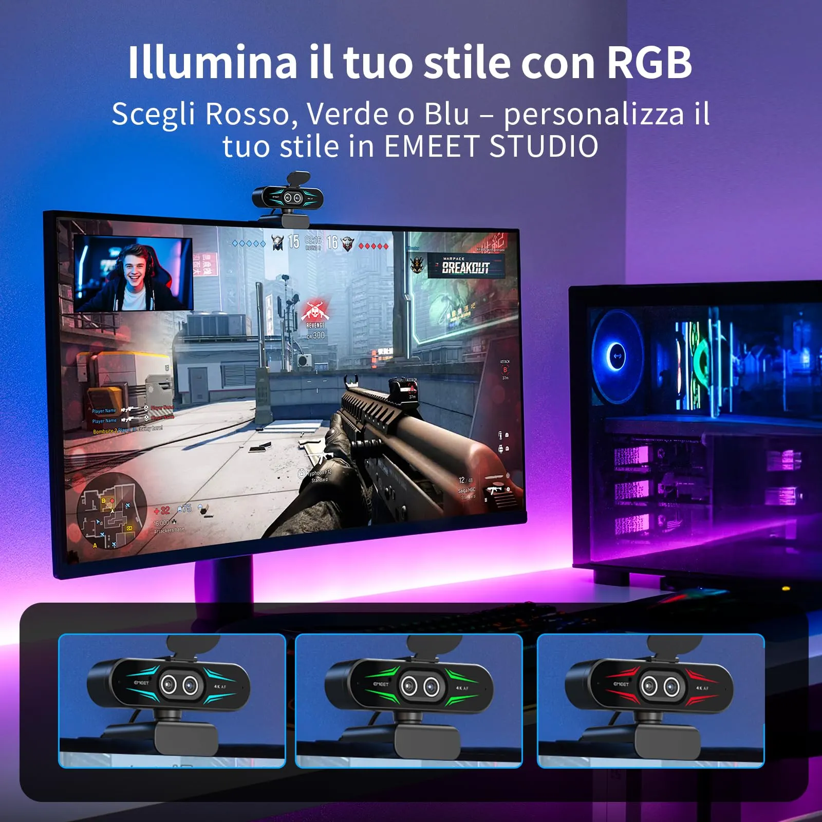 EMEET C60E Webcam 4K con Doppia Fotocamera, Zoom Ibrido 11X, Autofocus PDAF, Illuminazione RGB e Doppi Microfoni - immagine 7