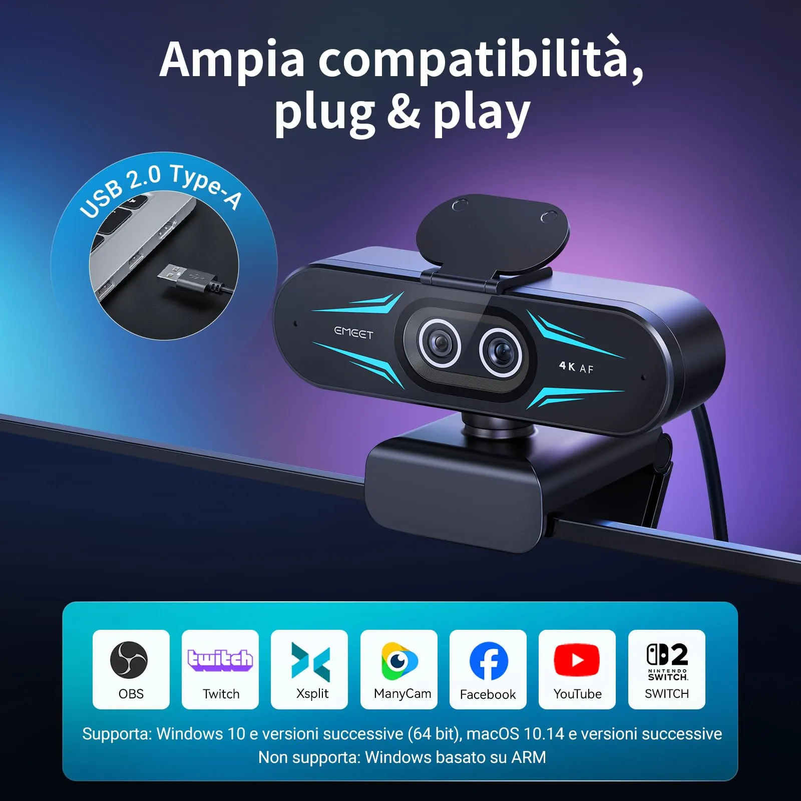 EMEET C60E Webcam 4K con Doppia Fotocamera, Zoom Ibrido 11X, Autofocus PDAF, Illuminazione RGB e Doppi Microfoni - immagine 8