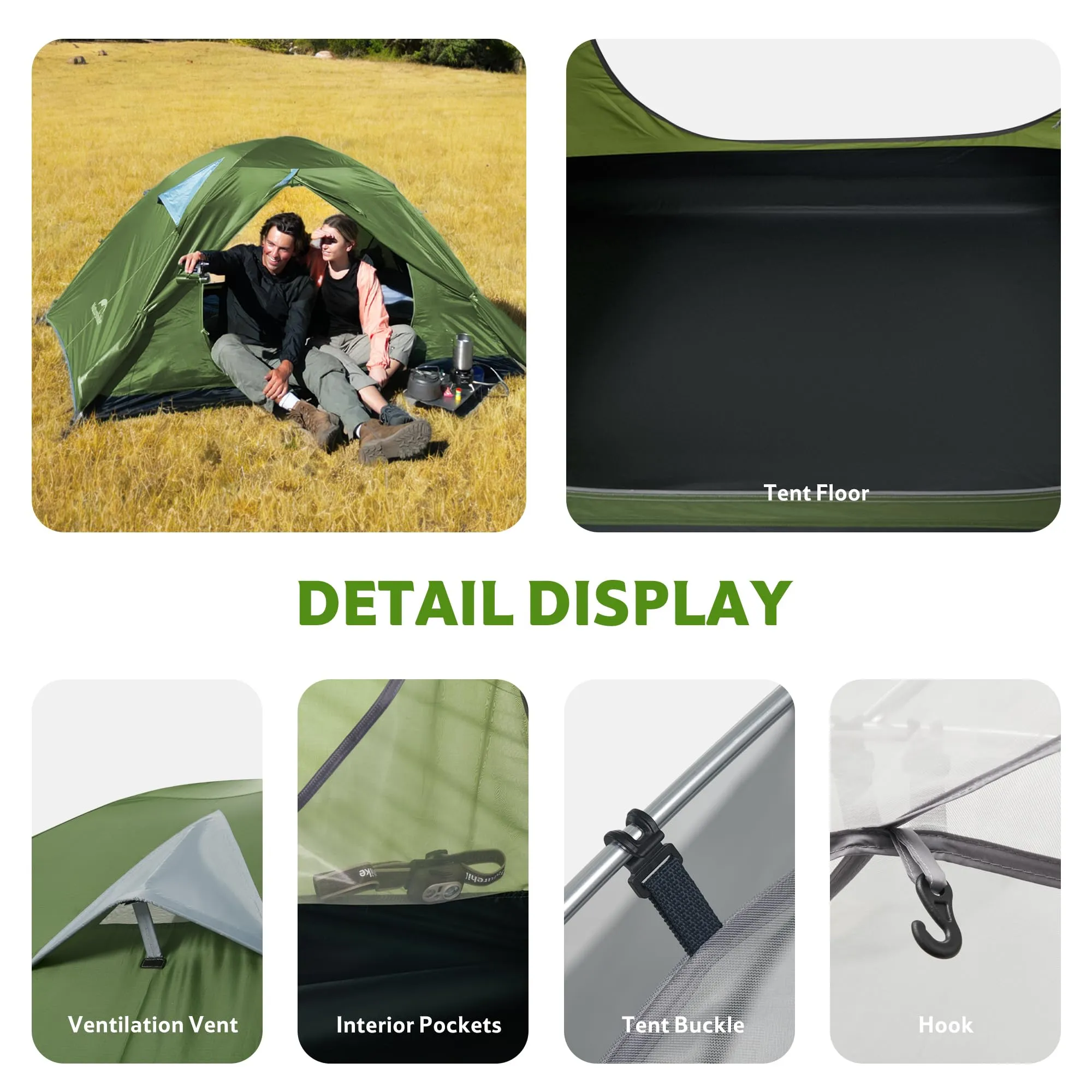 Naturehike Blyk Tenda Ultraleggera a Cupola, 2 Persone, Impermeabile 3000mm, Verde - immagine 7