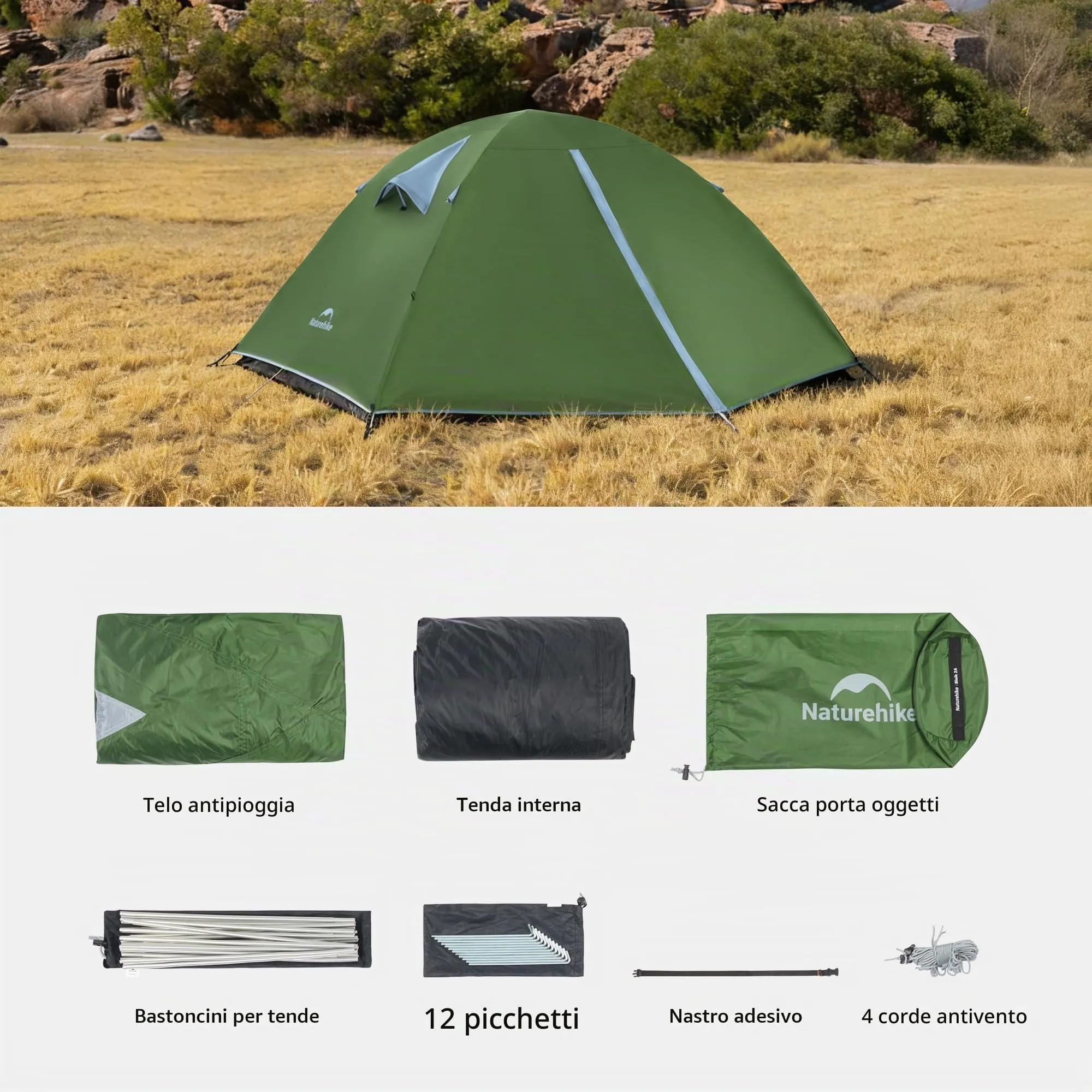 Naturehike Blyk Tenda Ultraleggera a Cupola, 2 Persone, Impermeabile 3000mm, Verde - immagine 9