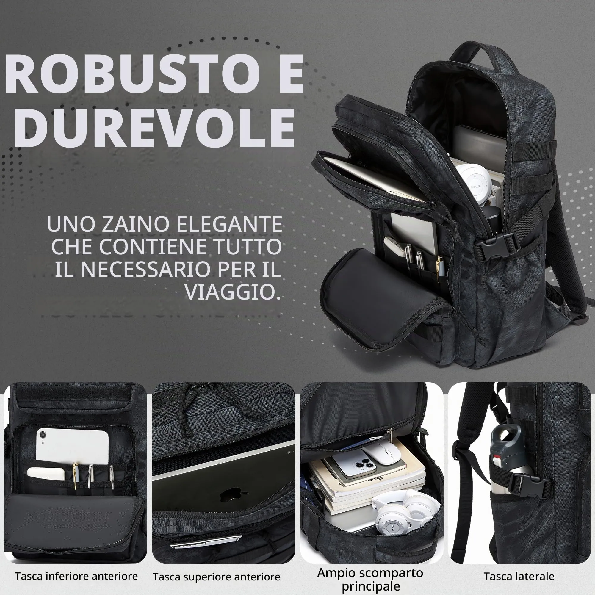 Wotony Zaino Tattico Militare Impermeabile con Sistema Molle, 25L, Python Black - immagine 3