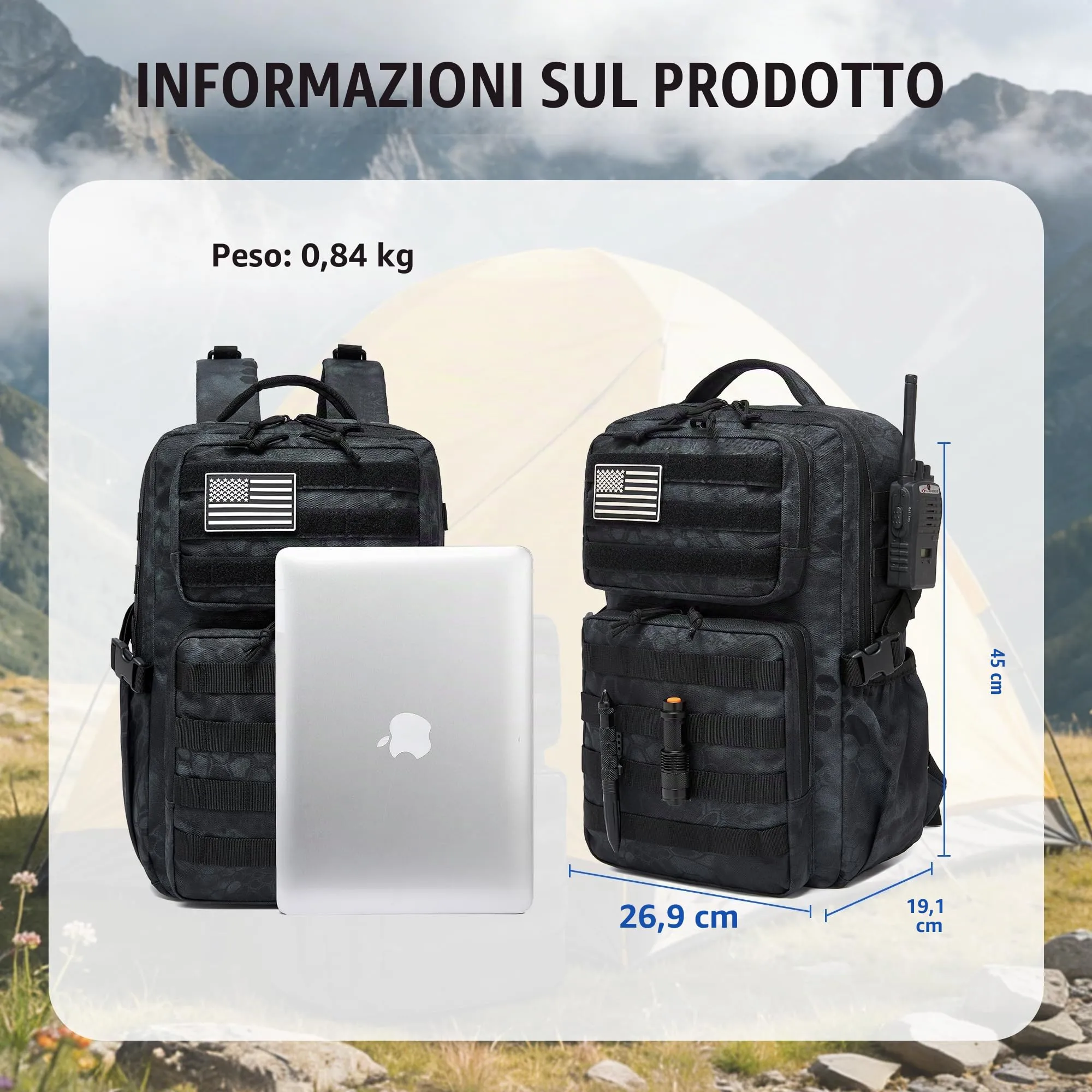 Wotony Zaino Tattico Militare Impermeabile con Sistema Molle, 25L, Python Black - immagine 5