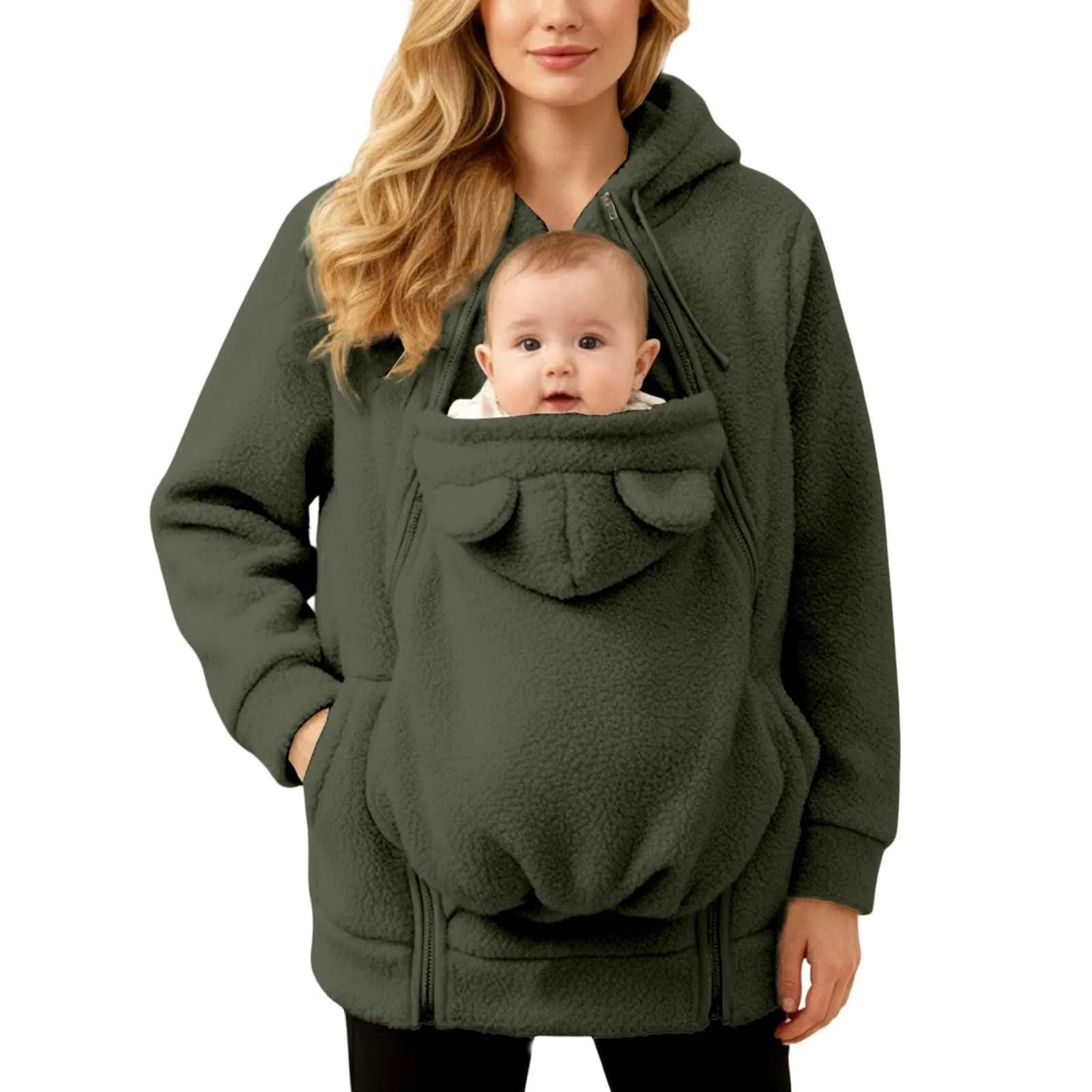 pvucpot Felpa con Cappuccio Premaman 3 in 1 Giacca Invernale per Mamma e Bambino - immagine 2