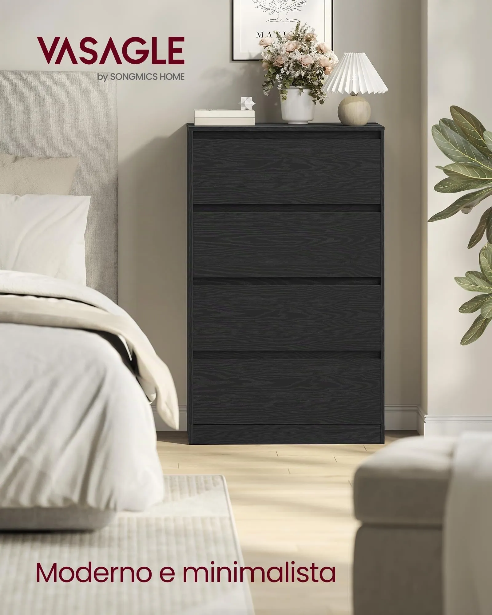 VASAGLE Cassettiera con 4 Cassetti, Comò Porta Abiti, 60,2x40,4x97,4 cm, Nero Ebano - immagine 2
