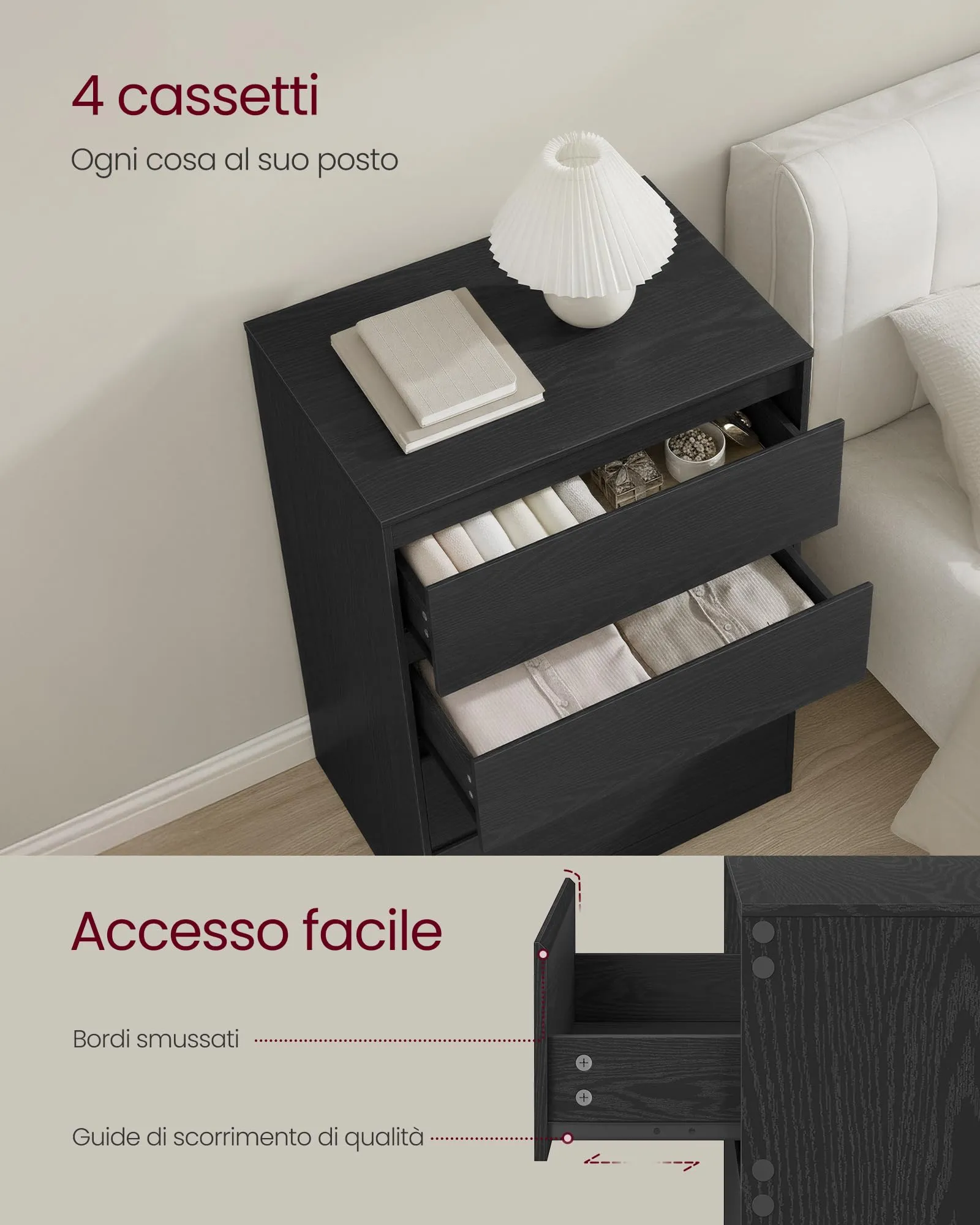 VASAGLE Cassettiera con 4 Cassetti, Comò Porta Abiti, 60,2x40,4x97,4 cm, Nero Ebano - immagine 3