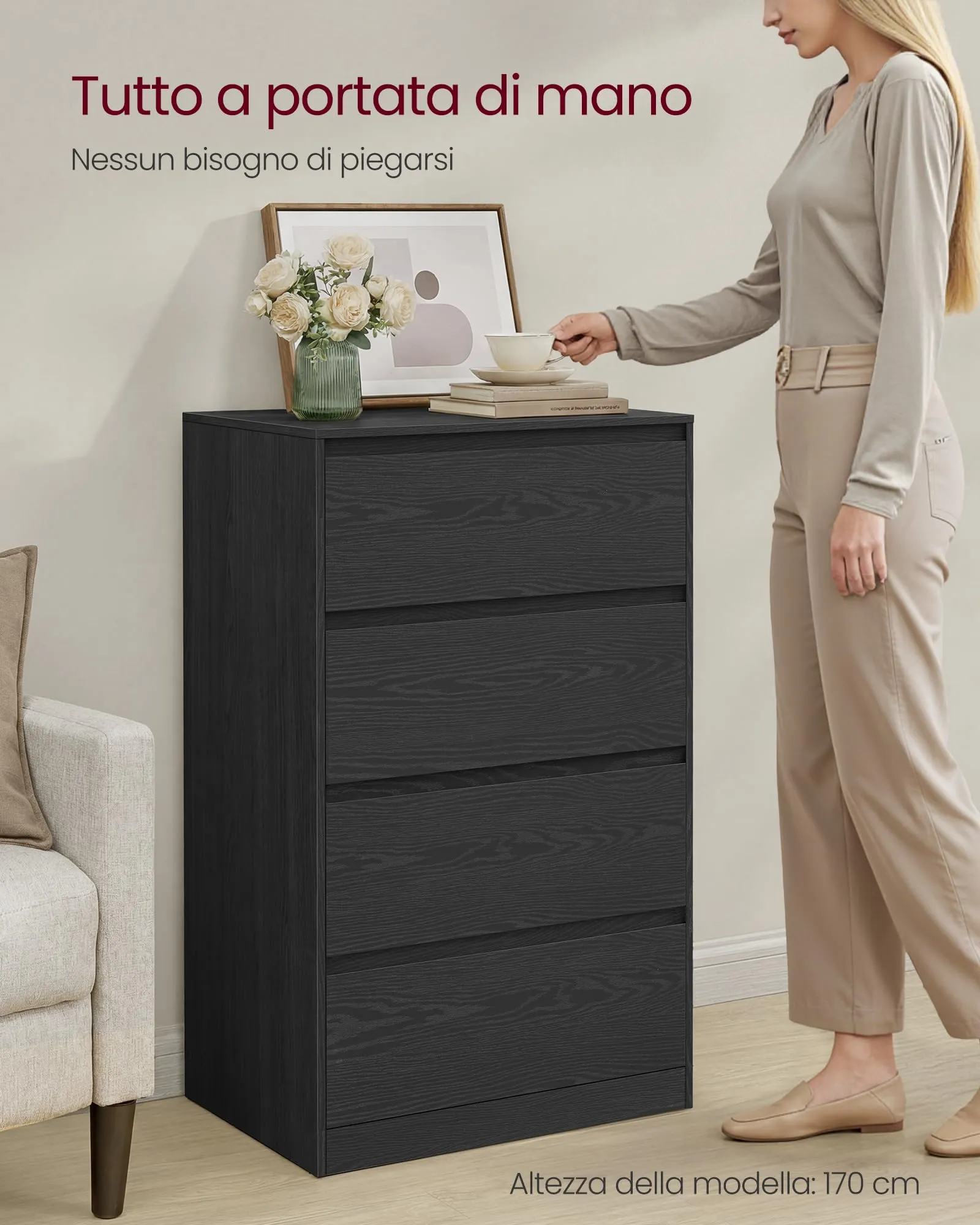 VASAGLE Cassettiera con 4 Cassetti, Comò Porta Abiti, 60,2x40,4x97,4 cm, Nero Ebano - immagine 4