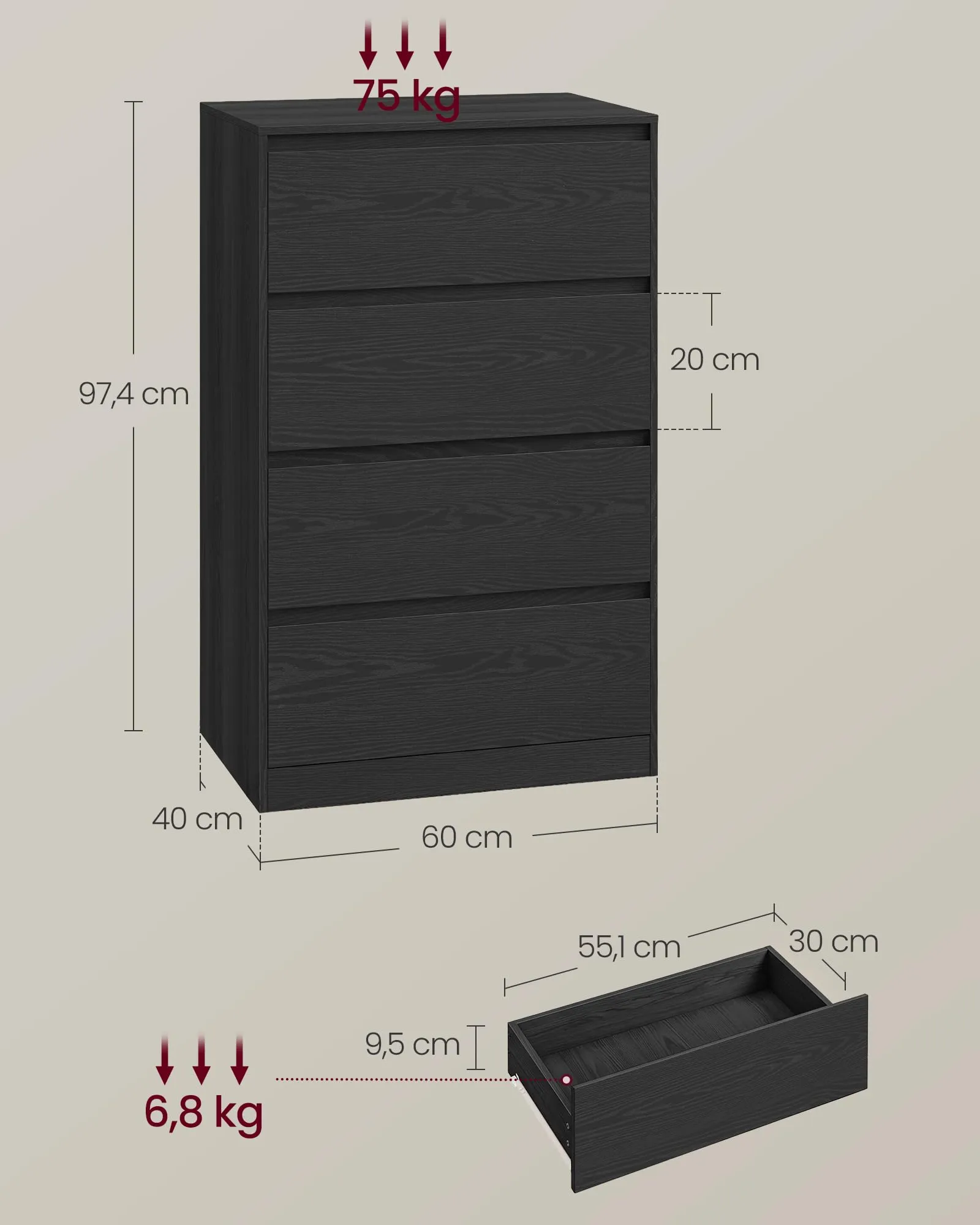 VASAGLE Cassettiera con 4 Cassetti, Comò Porta Abiti, 60,2x40,4x97,4 cm, Nero Ebano - immagine 5
