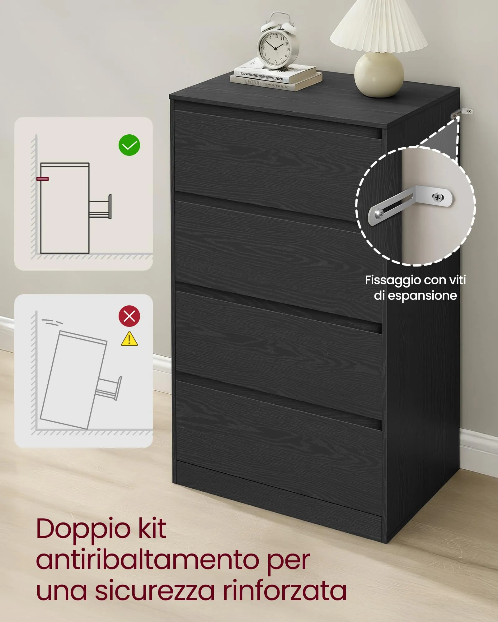 VASAGLE Cassettiera con 4 Cassetti, Comò Porta Abiti, 60,2x40,4x97,4 cm, Nero Ebano - immagine 6