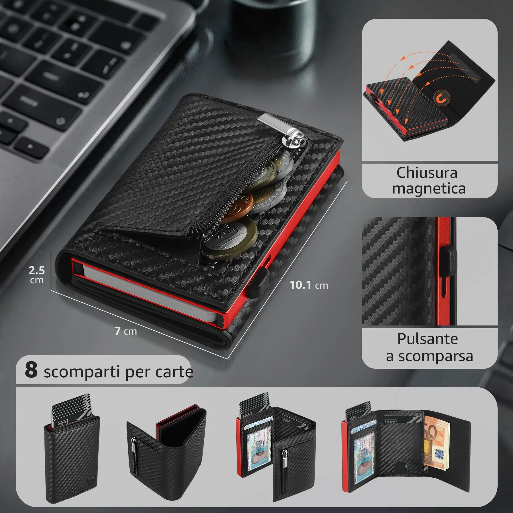 TEEHON Portafoglio Uomo Slim RFID Blocking in Fibra di Carbonio, Rosso - immagine 2
