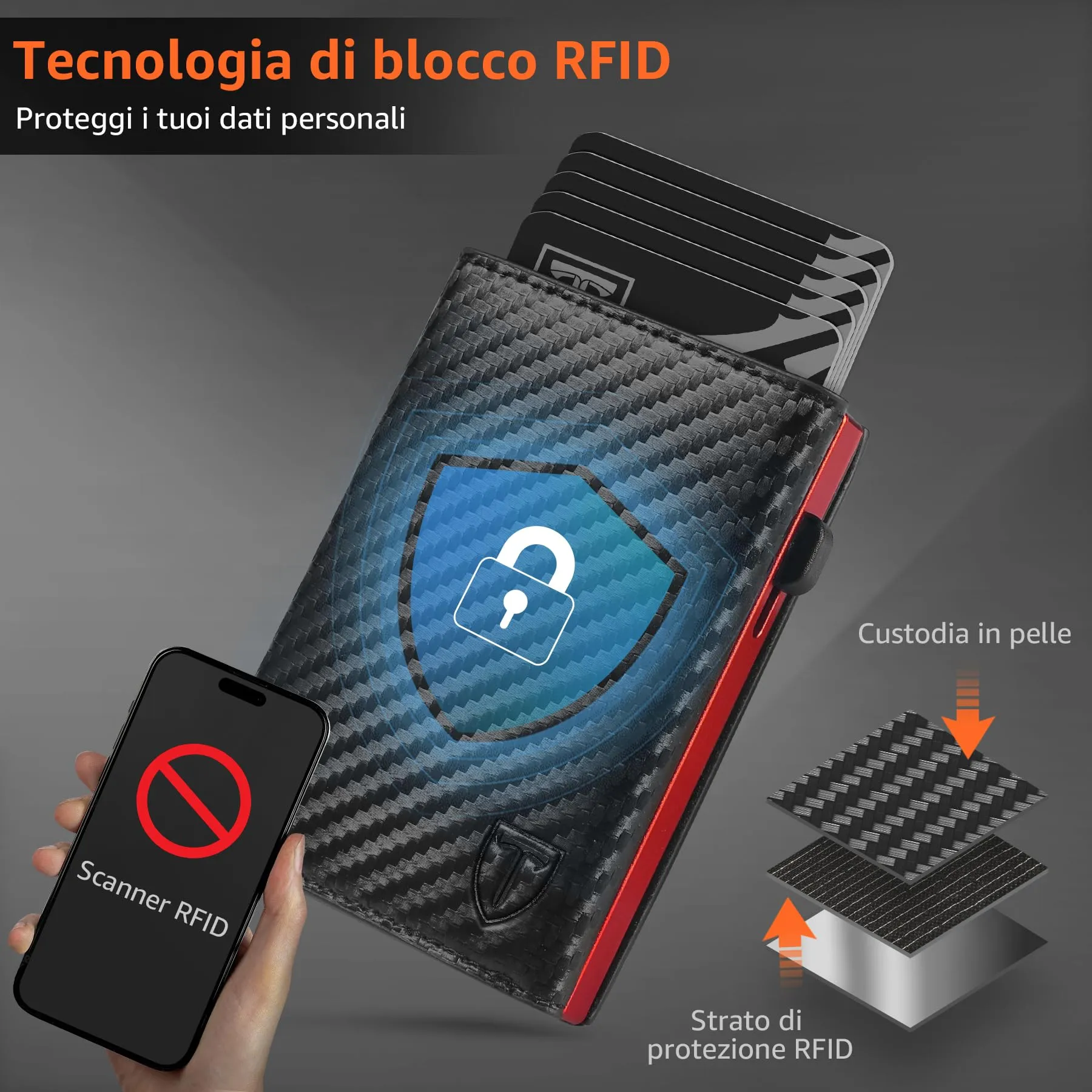 TEEHON Portafoglio Uomo Slim RFID Blocking in Fibra di Carbonio, Rosso - immagine 5