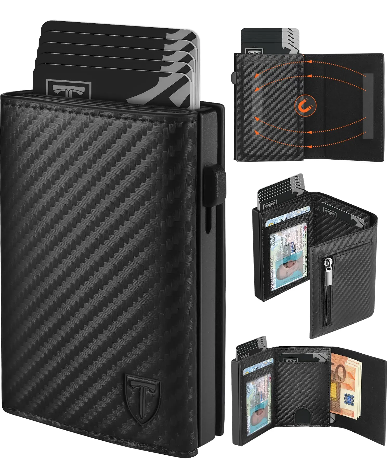 TEEHON Portafoglio Uomo Slim RFID Blocking in Fibra di Carbonio, Nero Esclusivo - immagine 1