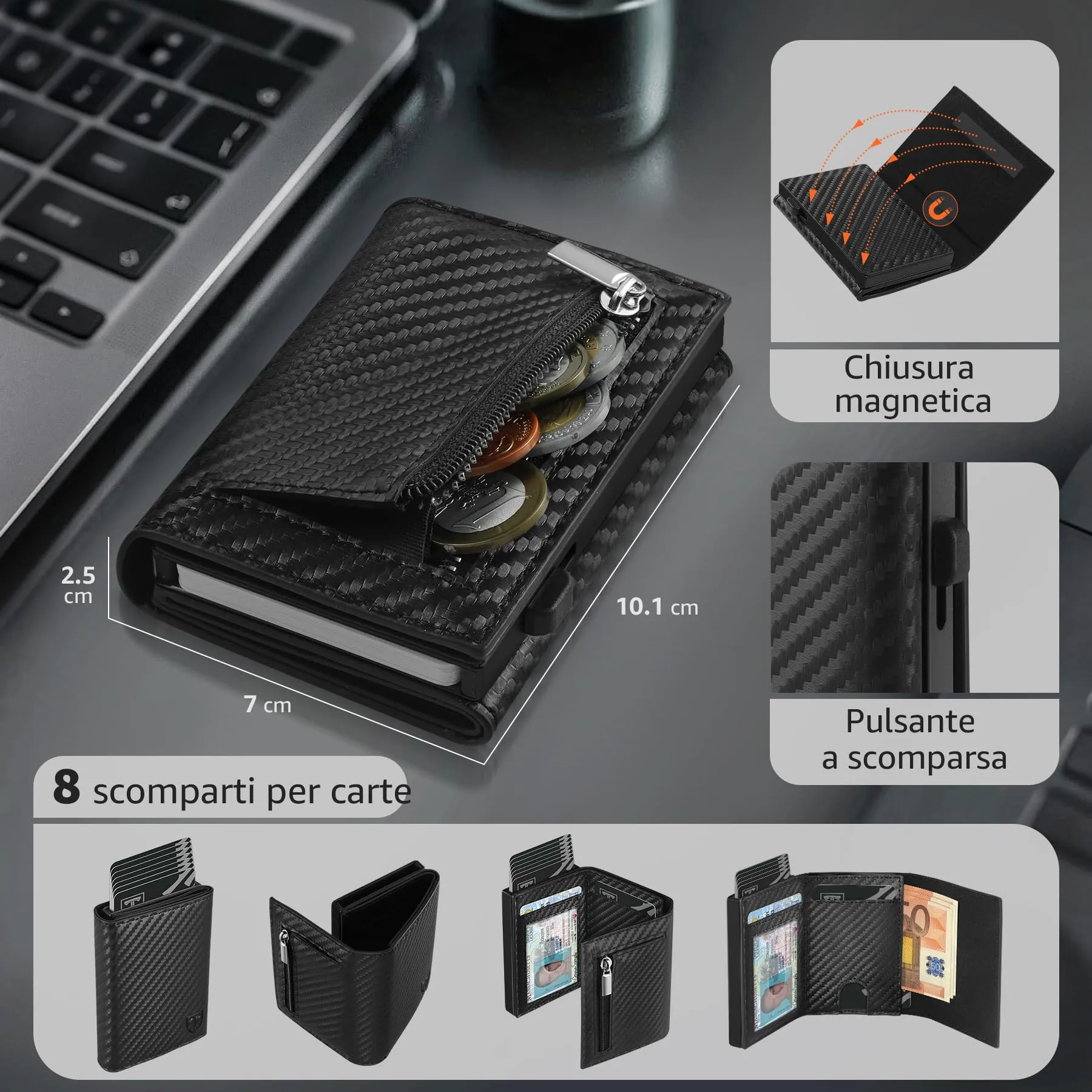 TEEHON Portafoglio Uomo Slim RFID Blocking in Fibra di Carbonio, Nero Esclusivo - immagine 2