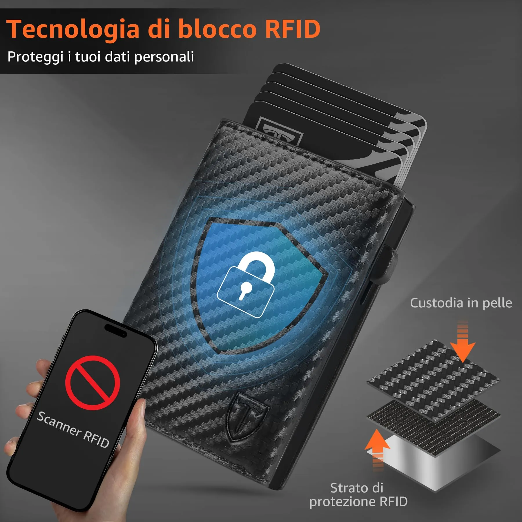 TEEHON Portafoglio Uomo Slim RFID Blocking in Fibra di Carbonio, Nero Esclusivo - immagine 5