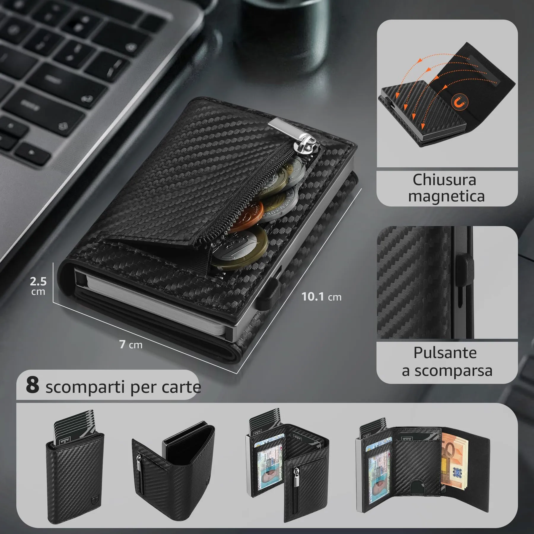 TEEHON Portafoglio Uomo Slim RFID Blocking in Fibra di Carbonio Magnetica, Grigio - immagine 2