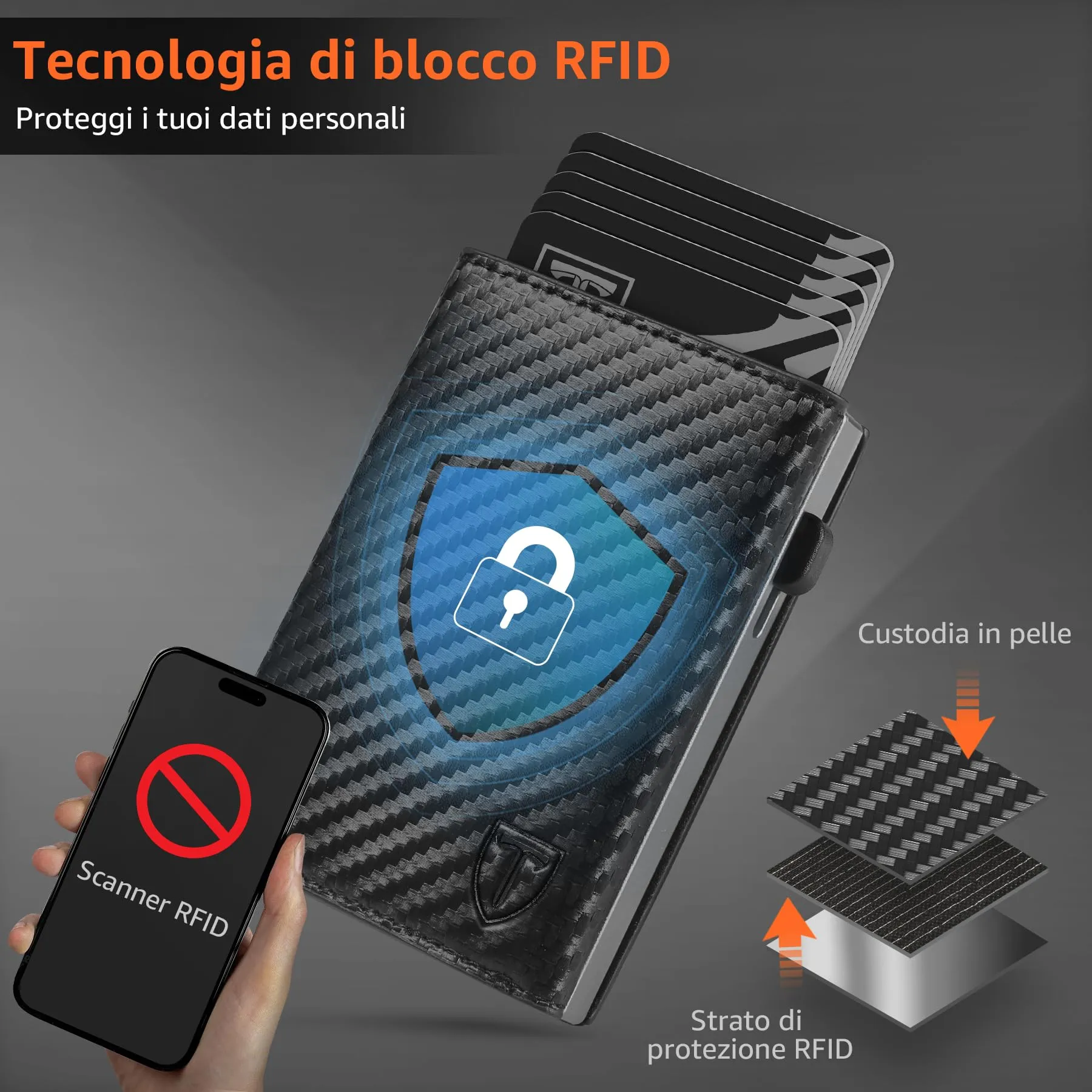 TEEHON Portafoglio Uomo Slim RFID Blocking in Fibra di Carbonio Magnetica, Grigio - immagine 5