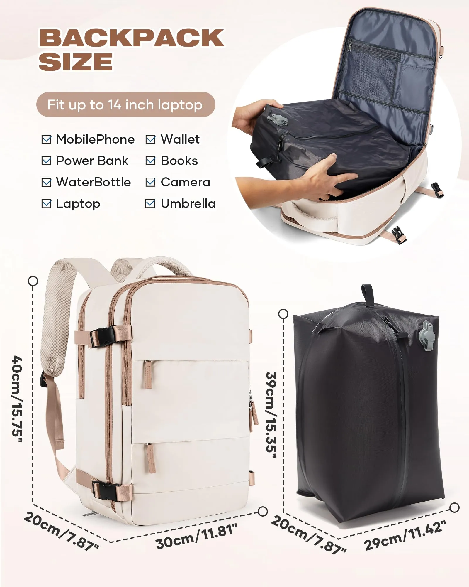 SZLX Zaino da Viaggio Sottovuoto con Pompa, Bagaglio a Mano 40x30x20 per Ryanair, Wizzair, Easyjet, Compatibile con Laptop 14 Pollici, con Porta Scarpe - immagine 4