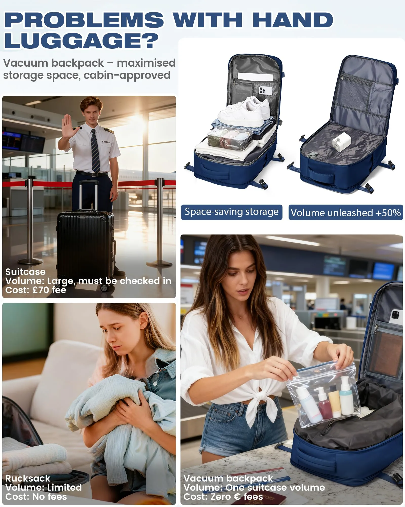 SZLX Zaino da Viaggio 40x30x20 Sottovuoto con Pompa per Ryanair e Wizzair, Impermeabile, Scomparto Laptop 14 Pollici e Scomparto per Scarpe - immagine 4
