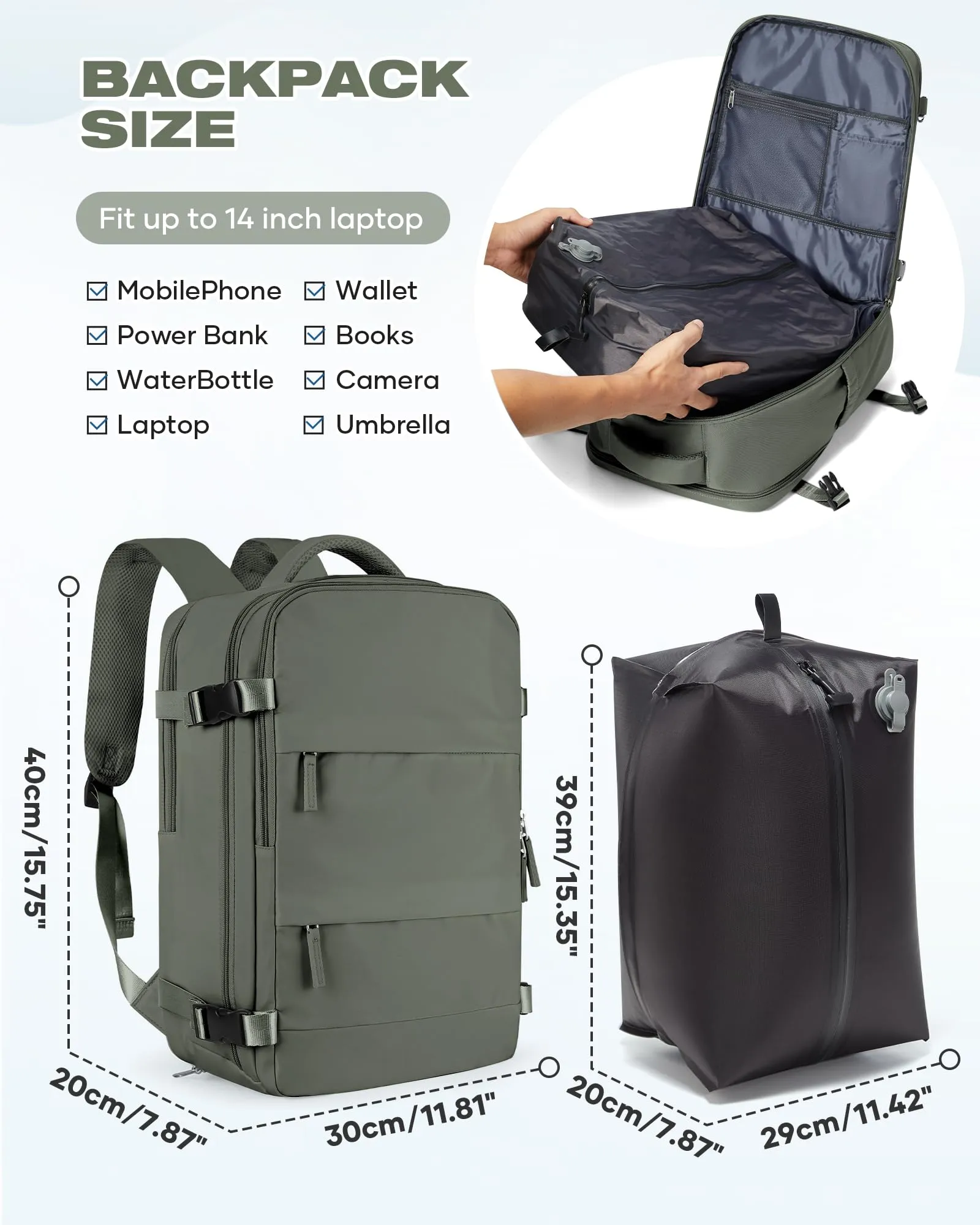 SZLX Zaino da Viaggio Sottovuoto con Pompa, Bagaglio a Mano 40x30x20 per Ryanair, Wizz Air, Easyjet, Scomparto Laptop 14 Pollici e Porta Scarpe - immagine 4