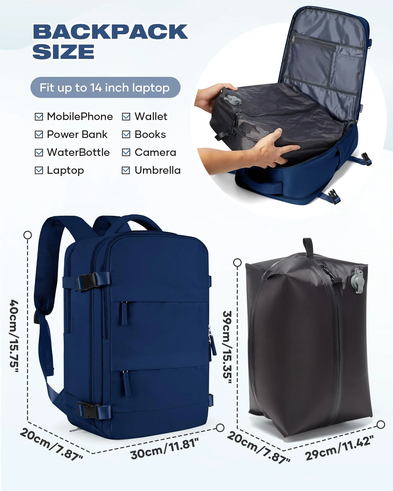 SZLX Zaino da Viaggio Sottovuoto con Pompa, Bagaglio a Mano per Ryanair 40x30x20, Wizzair, Easyjet, Compatibile con Laptop 14 Pollici, con Porta Scarpe - immagine 5