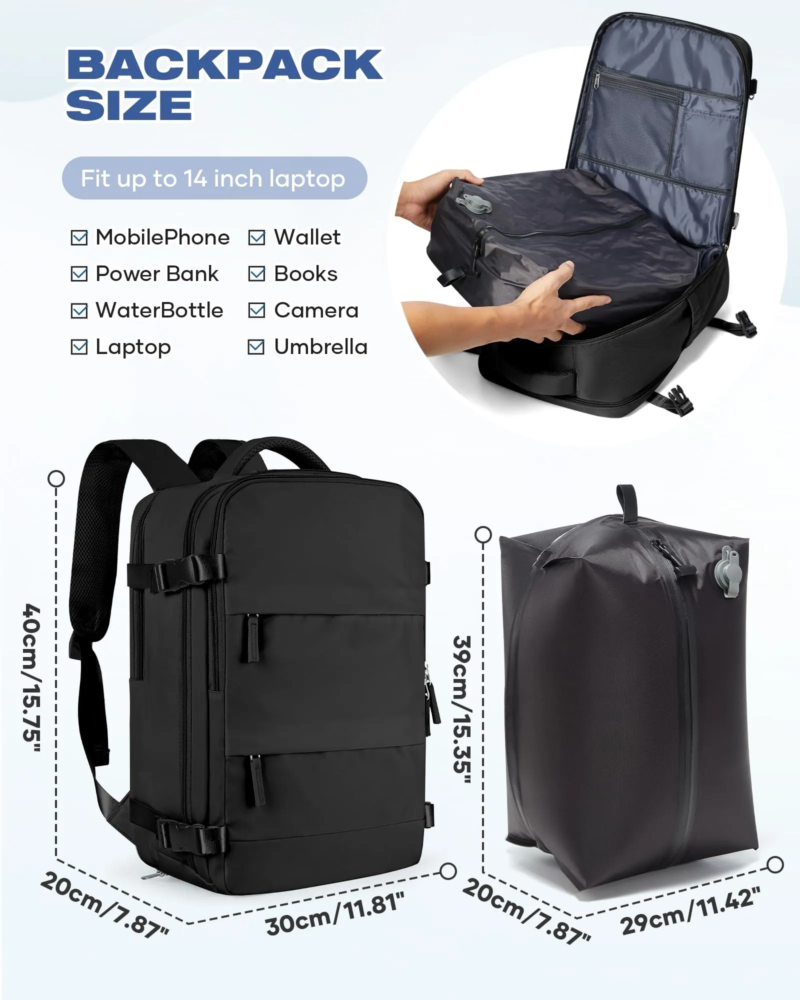 SZLX Zaino da Viaggio Sottovuoto con Pompa 40x30x20cm per Ryanair e Wizzair, Impermeabile, Scomparto Laptop 14 Pollici e Scomparto Scarpe - immagine 4